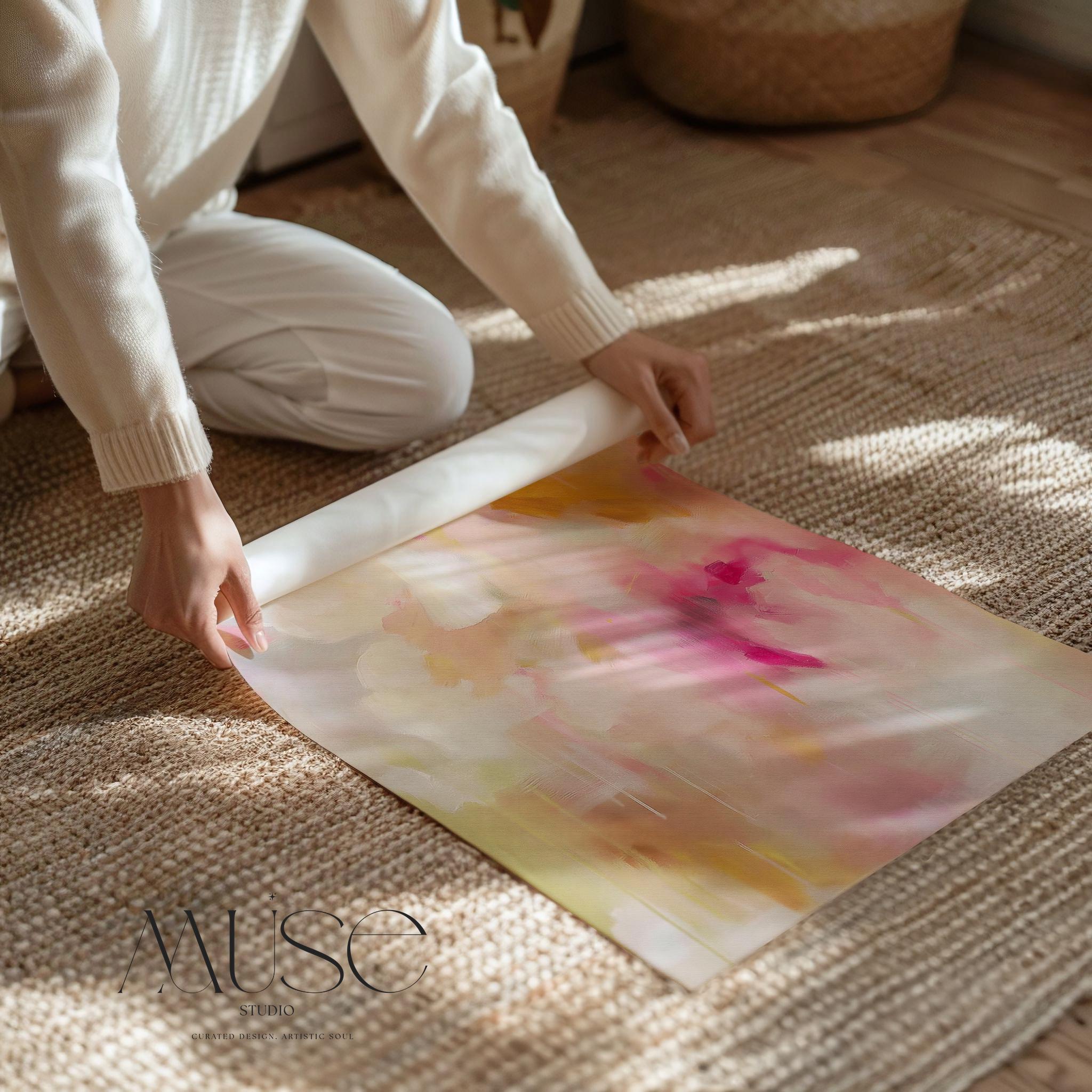 Floral abstract wall art by Muse Studio titled Golden Bloom 053, featuring blush pink, ochre, and ivory pastel tones in a modern cottage composition, printed with museum-quality giclée inks on gallery-wrapped canvas for refined transitional interiors.