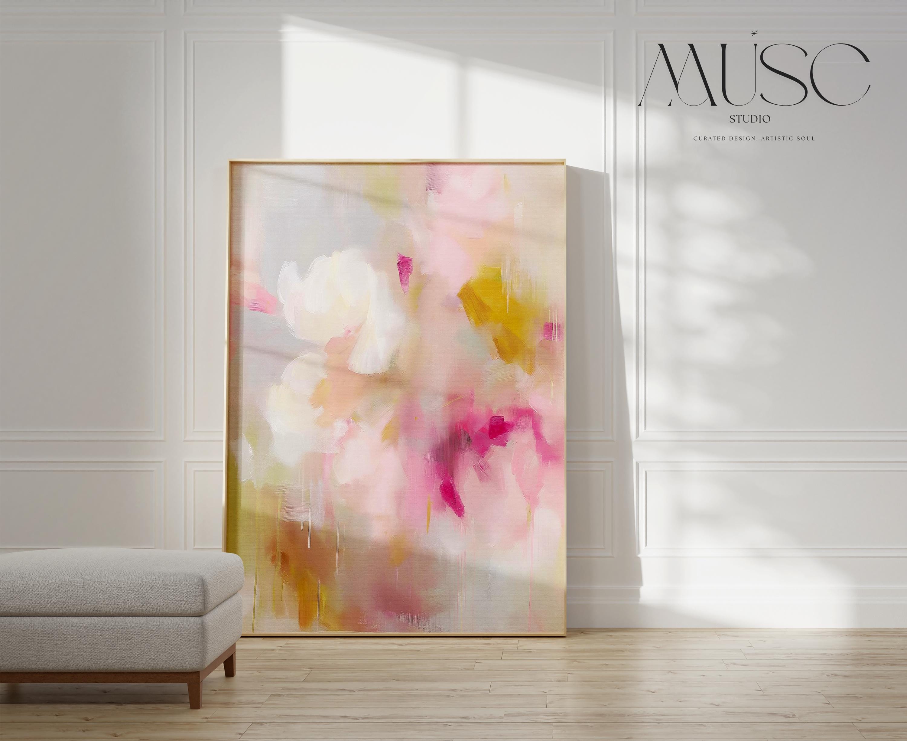 Vertical Art Print Floral Wall Art in Pink Ochre Beige, Soft Pastel Abstract Giclée, Grand-millennial Transitional Bedroom Decor • MUSE 053