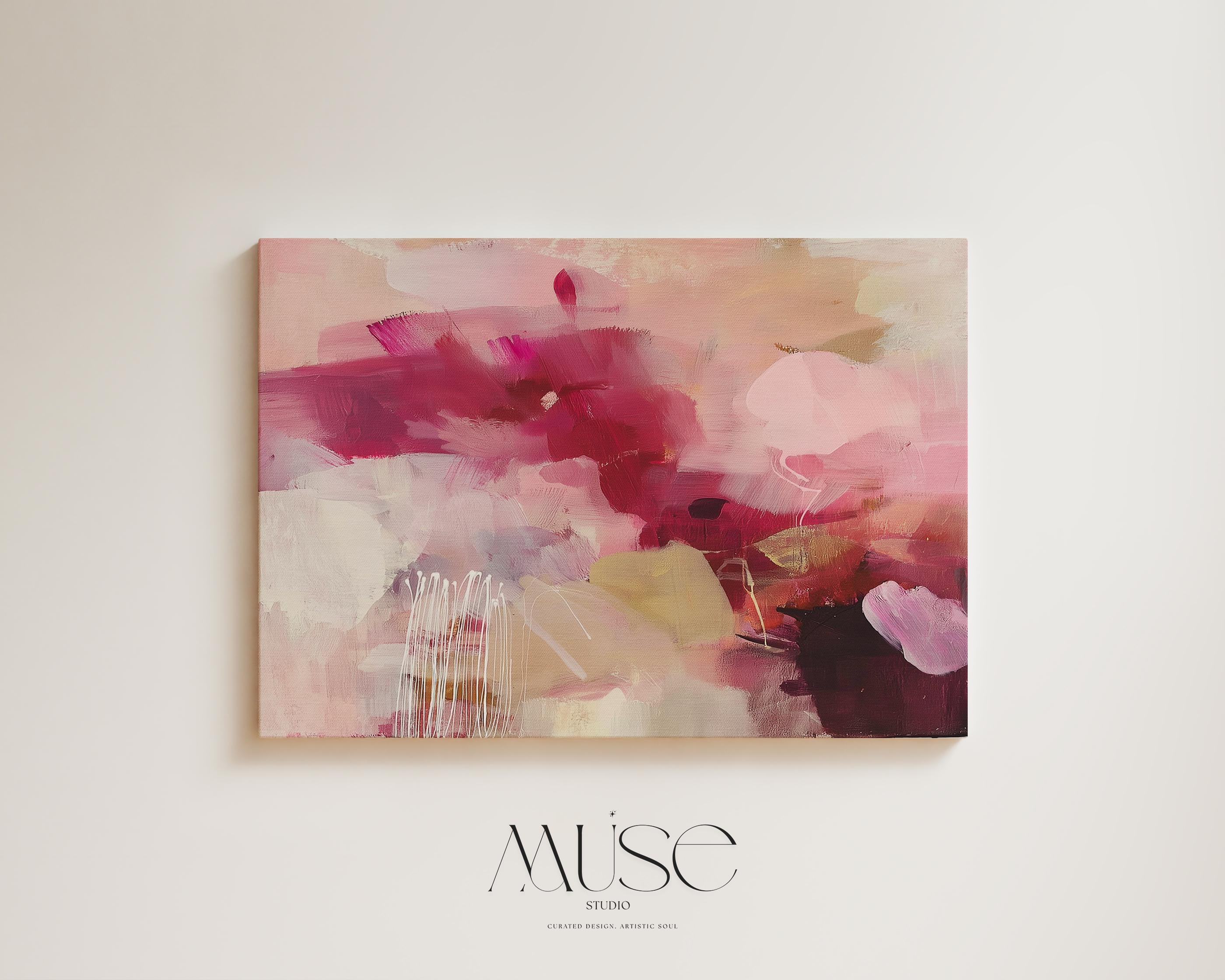 Canvas Wall Art Pink Burgundy Floral Abstract Painting Giclée Print Horizontal Grand-millennial Moody Bedroom or Office Decor • MUSE 513