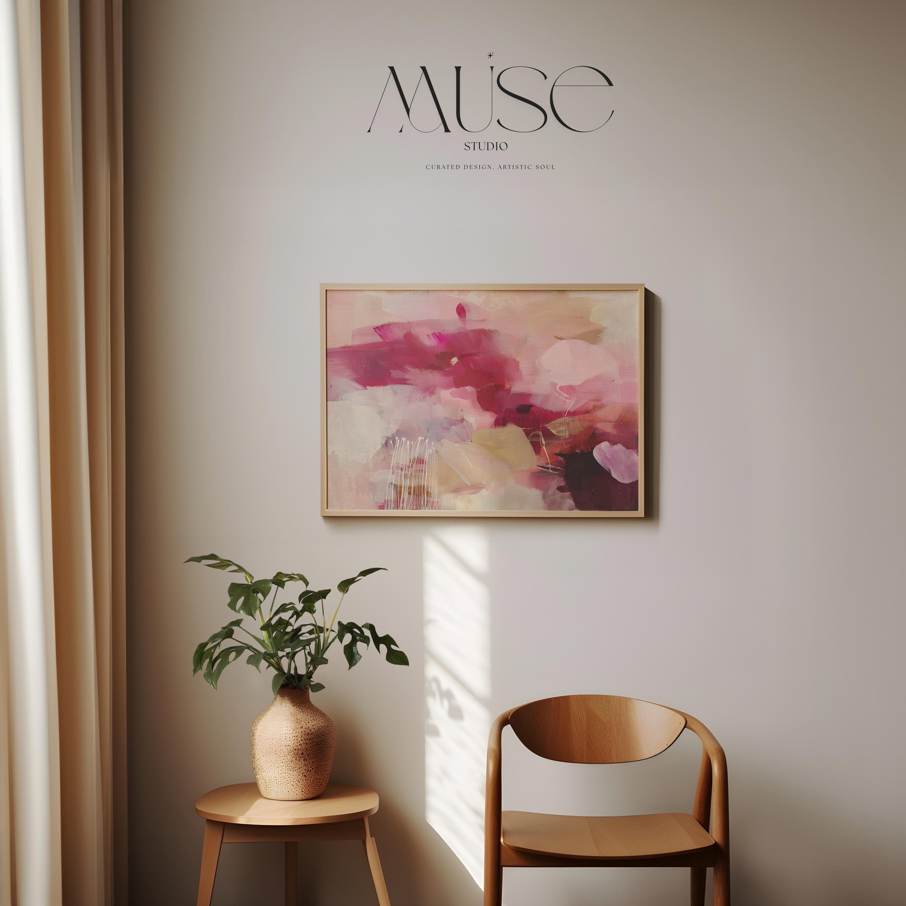 Horizontal floral abstract canvas in deep burgundy, raspberry pink, blush, taupe, and ivory tones. A bold, moody palette with soft layering and expressive movement. Ideal for romantic bedrooms, elegant home offices, or transitional living spaces. Available as a fine art poster or canvas wall art for curated, color-forward decor.