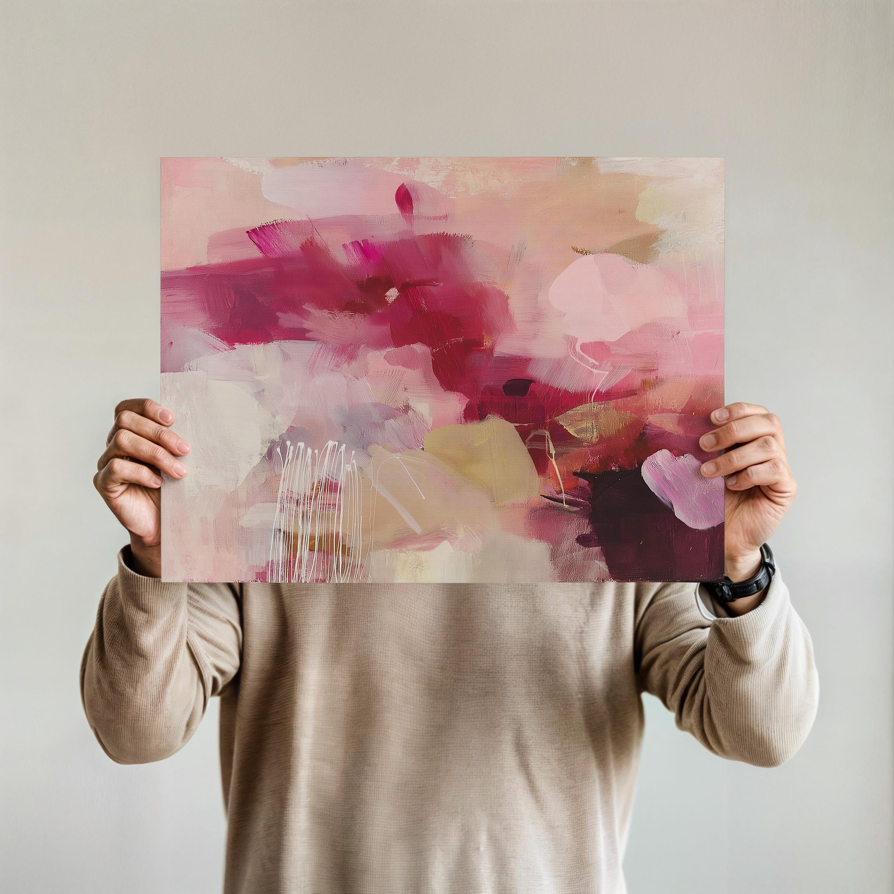 Horizontal floral abstract canvas in deep burgundy, raspberry pink, blush, taupe, and ivory tones. A bold, moody palette with soft layering and expressive movement. Ideal for romantic bedrooms, elegant home offices, or transitional living spaces. Available as a fine art poster or canvas wall art for curated, color-forward decor.