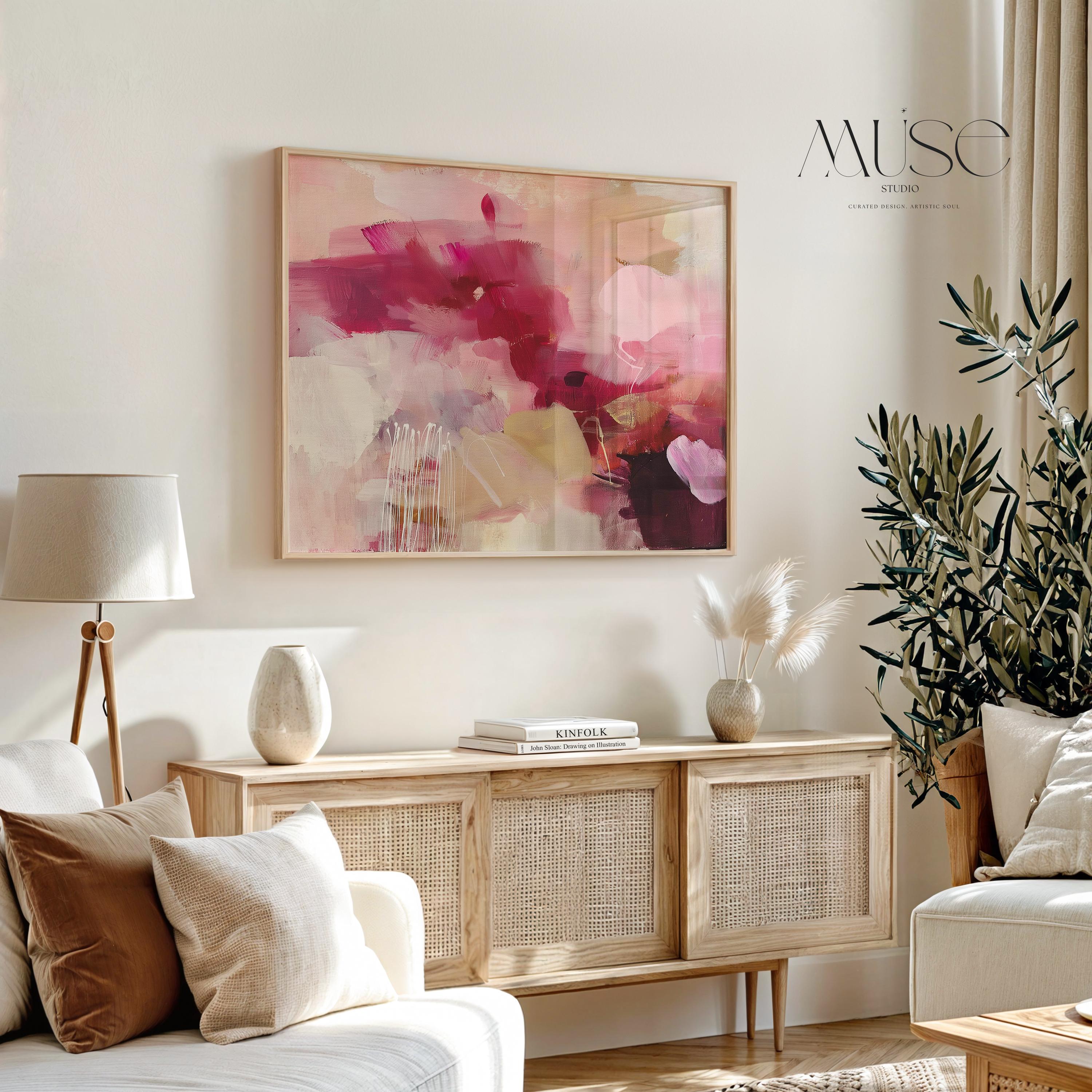Horizontal floral abstract canvas in deep burgundy, raspberry pink, blush, taupe, and ivory tones. A bold, moody palette with soft layering and expressive movement. Ideal for romantic bedrooms, elegant home offices, or transitional living spaces. Available as a fine art poster or canvas wall art for curated, color-forward decor.