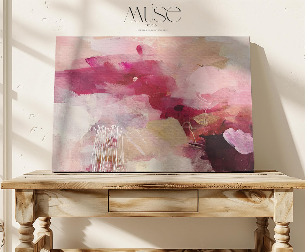 Horizontal floral abstract canvas in deep burgundy, raspberry pink, blush, taupe, and ivory tones. A bold, moody palette with soft layering and expressive movement. Ideal for romantic bedrooms, elegant home offices, or transitional living spaces. Available as a fine art poster or canvas wall art for curated, color-forward decor.