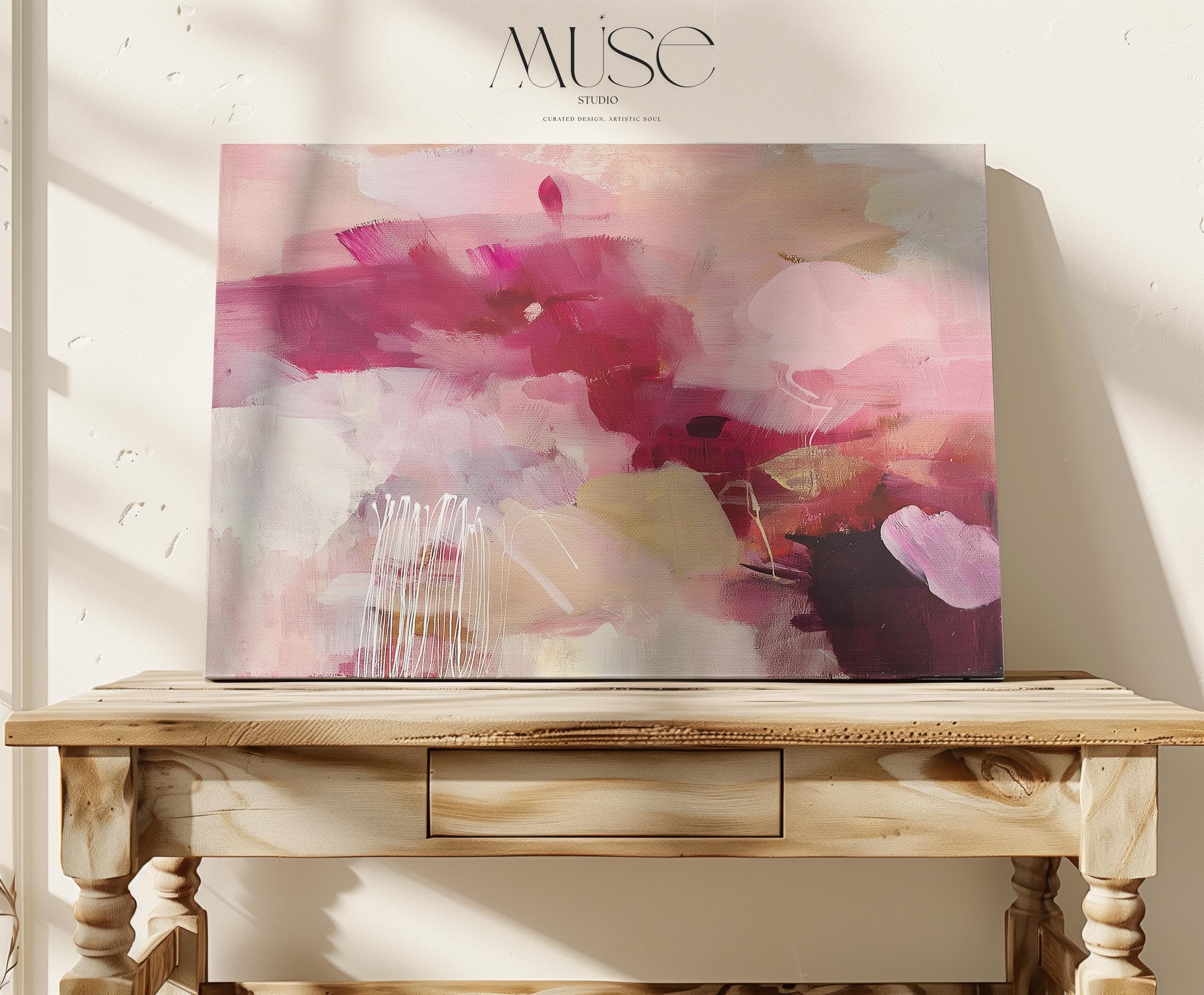 Horizontal floral abstract canvas in deep burgundy, raspberry pink, blush, taupe, and ivory tones. A bold, moody palette with soft layering and expressive movement. Ideal for romantic bedrooms, elegant home offices, or transitional living spaces. Available as a fine art poster or canvas wall art for curated, color-forward decor.
