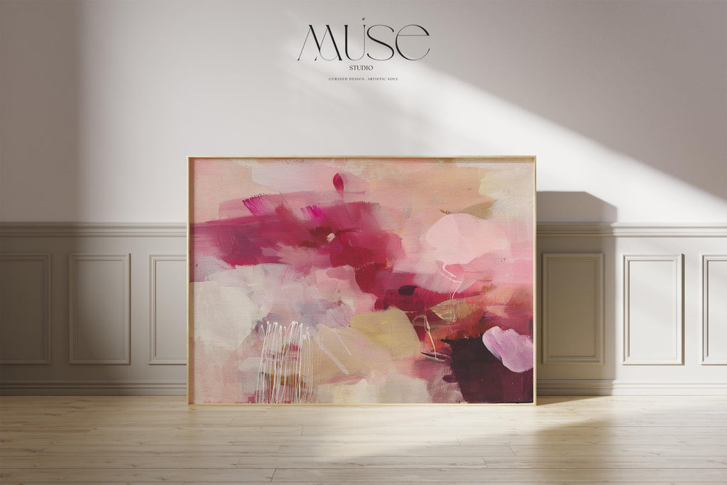 Horizontal floral abstract canvas in deep burgundy, raspberry pink, blush, taupe, and ivory tones. A bold, moody palette with soft layering and expressive movement. Ideal for romantic bedrooms, elegant home offices, or transitional living spaces. Available as a fine art poster or canvas wall art for curated, color-forward decor.