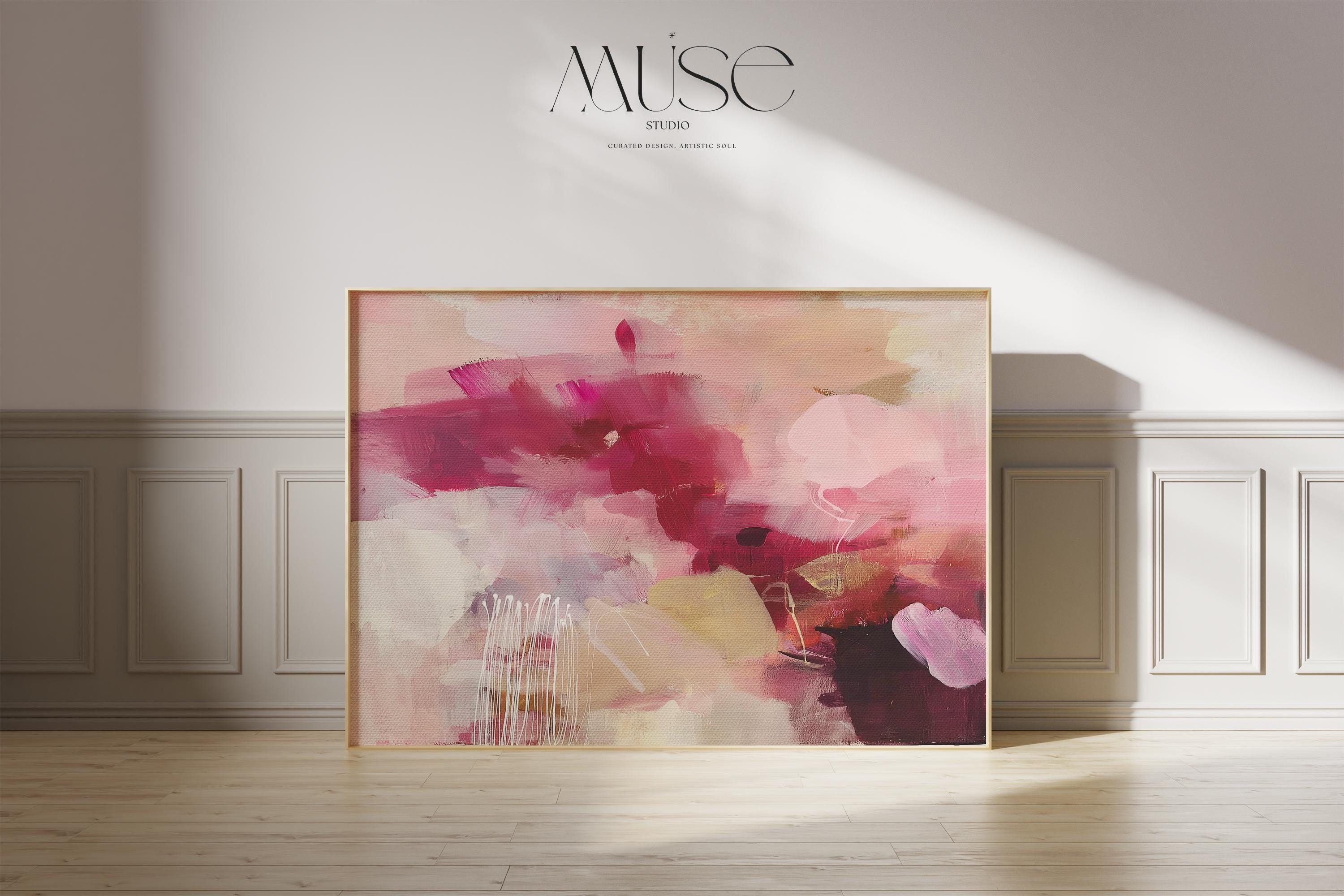 Horizontal floral abstract canvas in deep burgundy, raspberry pink, blush, taupe, and ivory tones. A bold, moody palette with soft layering and expressive movement. Ideal for romantic bedrooms, elegant home offices, or transitional living spaces. Available as a fine art poster or canvas wall art for curated, color-forward decor.
