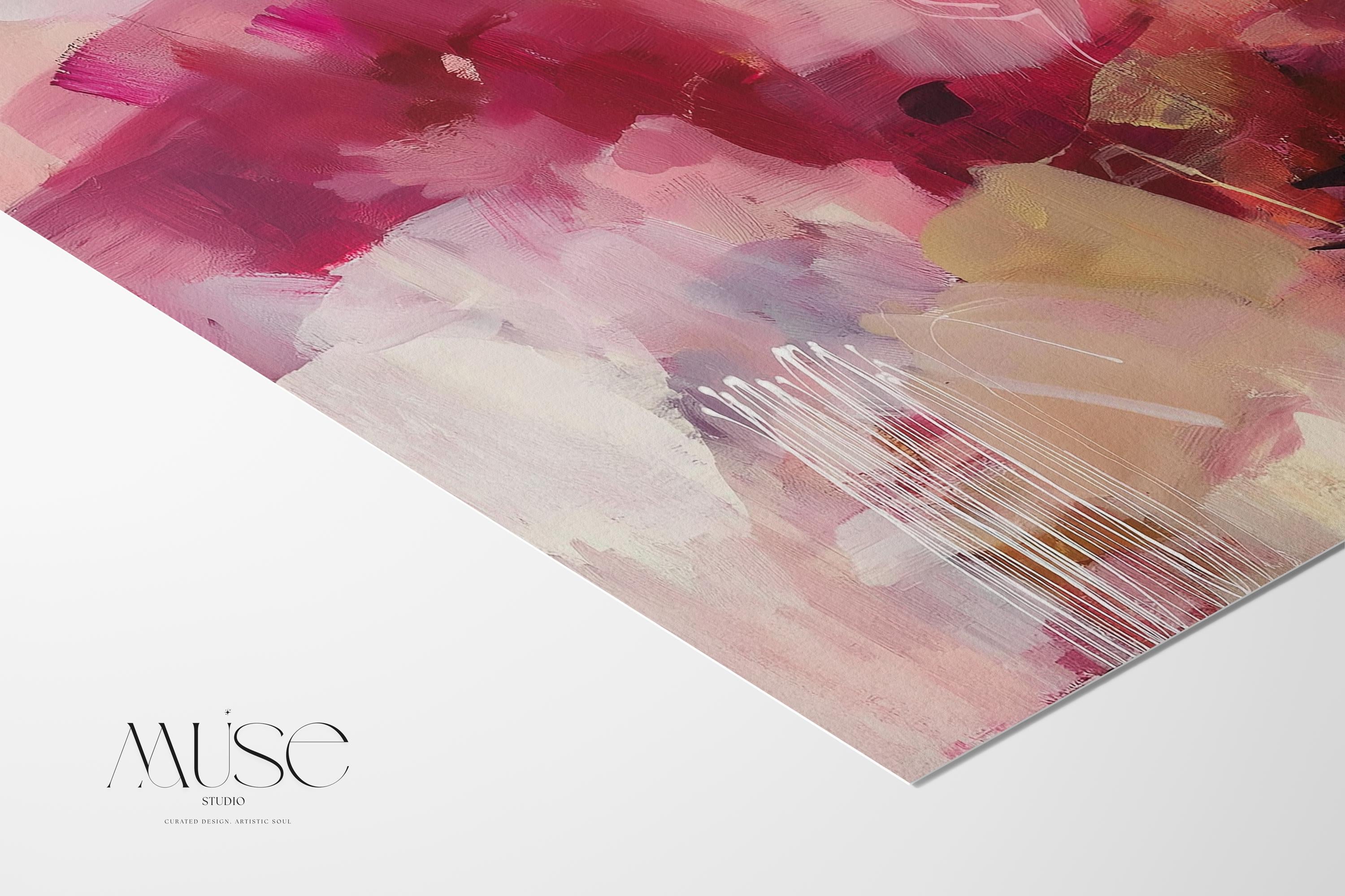 Horizontal floral abstract canvas in deep burgundy, raspberry pink, blush, taupe, and ivory tones. A bold, moody palette with soft layering and expressive movement. Ideal for romantic bedrooms, elegant home offices, or transitional living spaces. Available as a fine art poster or canvas wall art for curated, color-forward decor.