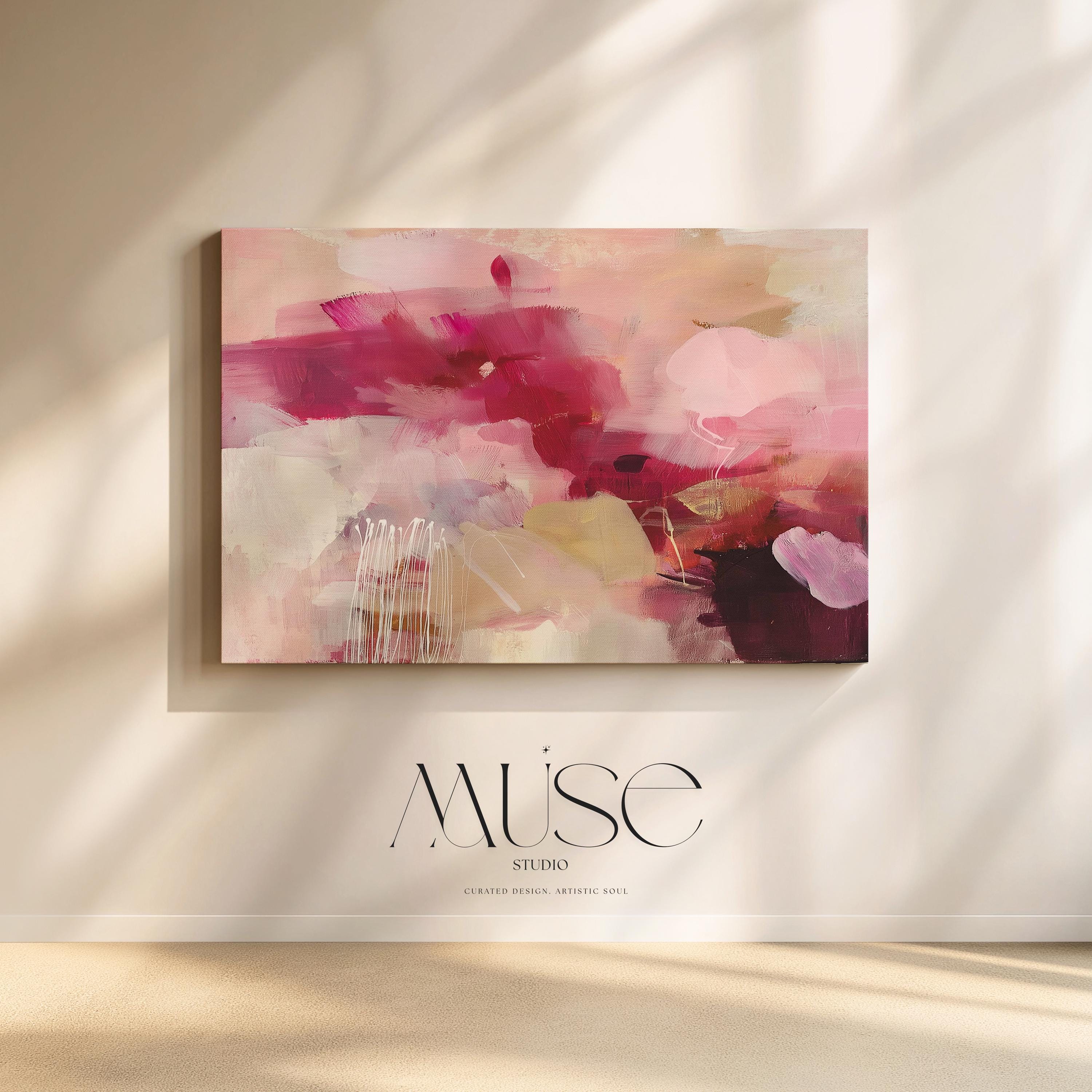 Horizontal floral abstract canvas in deep burgundy, raspberry pink, blush, taupe, and ivory tones. A bold, moody palette with soft layering and expressive movement. Ideal for romantic bedrooms, elegant home offices, or transitional living spaces. Available as a fine art poster or canvas wall art for curated, color-forward decor.