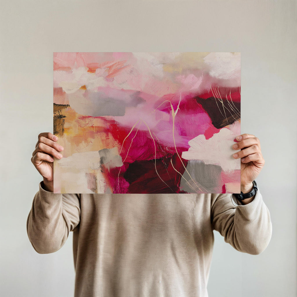 Bold pink and crimson floral abstract canvas with layers of soft blush, terracotta, and warm neutral tones. This horizontal composition adds dramatic energy and romantic warmth to bedrooms, office walls, or layered boho interiors. Available as a fine art poster or canvas wall art for curated, color-forward decor.