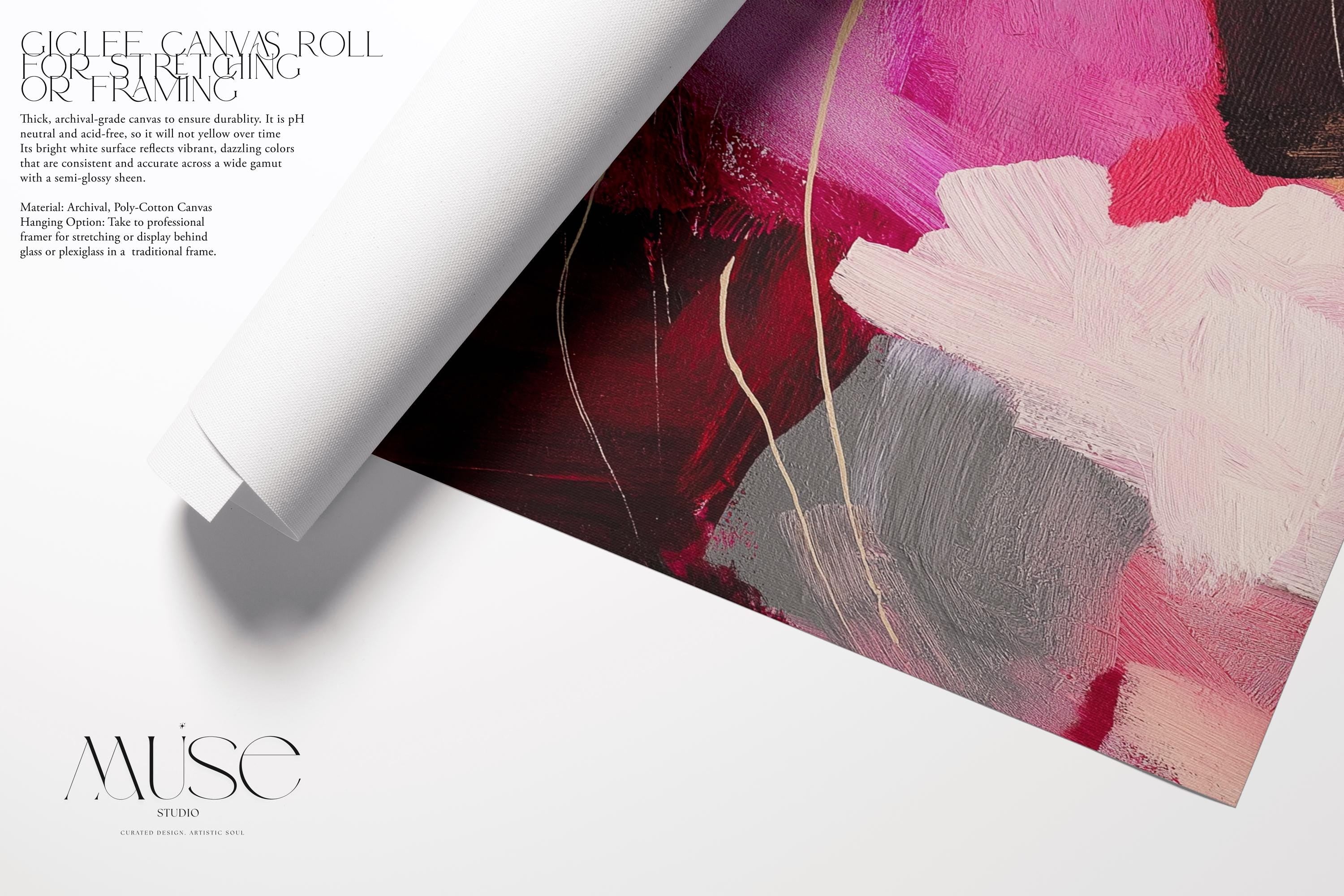 Bold pink and crimson floral abstract canvas with layers of soft blush, terracotta, and warm neutral tones. This horizontal composition adds dramatic energy and romantic warmth to bedrooms, office walls, or layered boho interiors. Available as a fine art poster or canvas wall art for curated, color-forward decor.