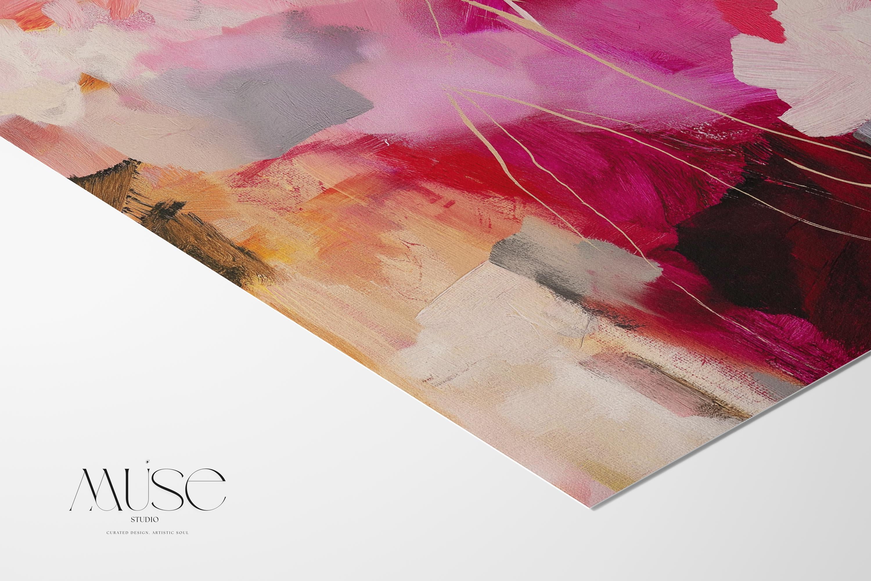 Bold pink and crimson floral abstract canvas with layers of soft blush, terracotta, and warm neutral tones. This horizontal composition adds dramatic energy and romantic warmth to bedrooms, office walls, or layered boho interiors. Available as a fine art poster or canvas wall art for curated, color-forward decor.