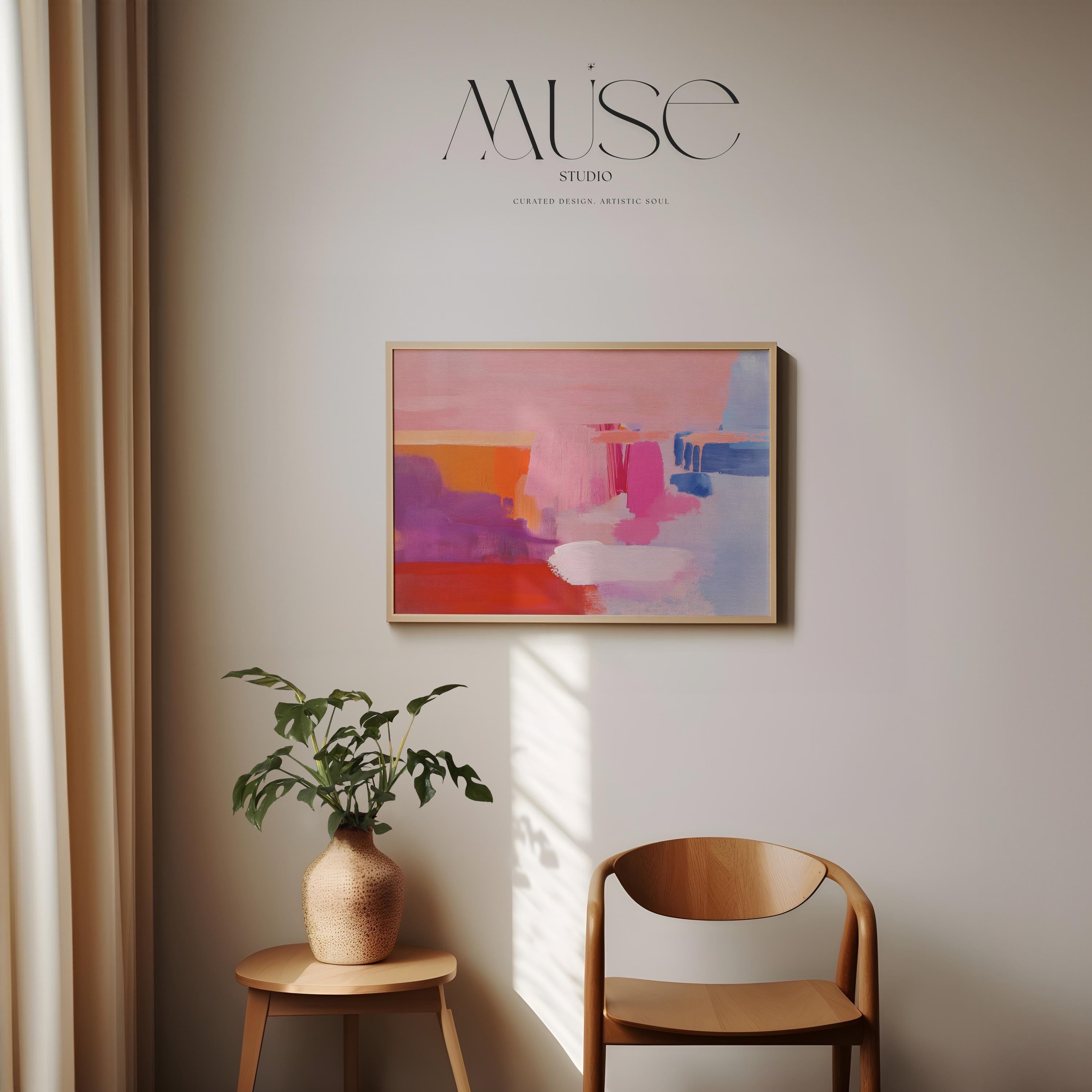 Abstract horizontal canvas artwork in bold pink, red, cobalt, and coral tones with painterly brushstrokes and softened edges. A color-blocked composition that brings vibrant movement to living rooms, bedrooms, eclectic office decor. Available as a fine art poster or canvas wall art for curated, color-forward decor. Perfect for colorful wall art in living rooms, office spaces, and design projects. Giclée canvas print with bold brushwork and vibrant style for home decor. Muse Studio Decor Art.