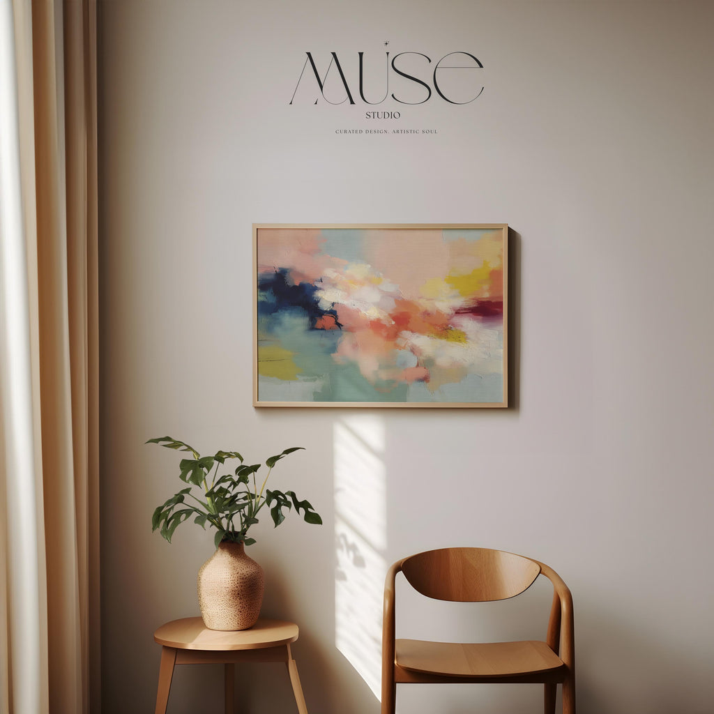Abstract horizontal wall art in navy, peach, ochre, and soft aqua tones with layered painterly texture. Inspired by natural forms and shifting skies, this design suits transitional, eclectic, or nature-inspired interiors. Available as a fine art poster or canvas wall art for curated, color-forward decor.