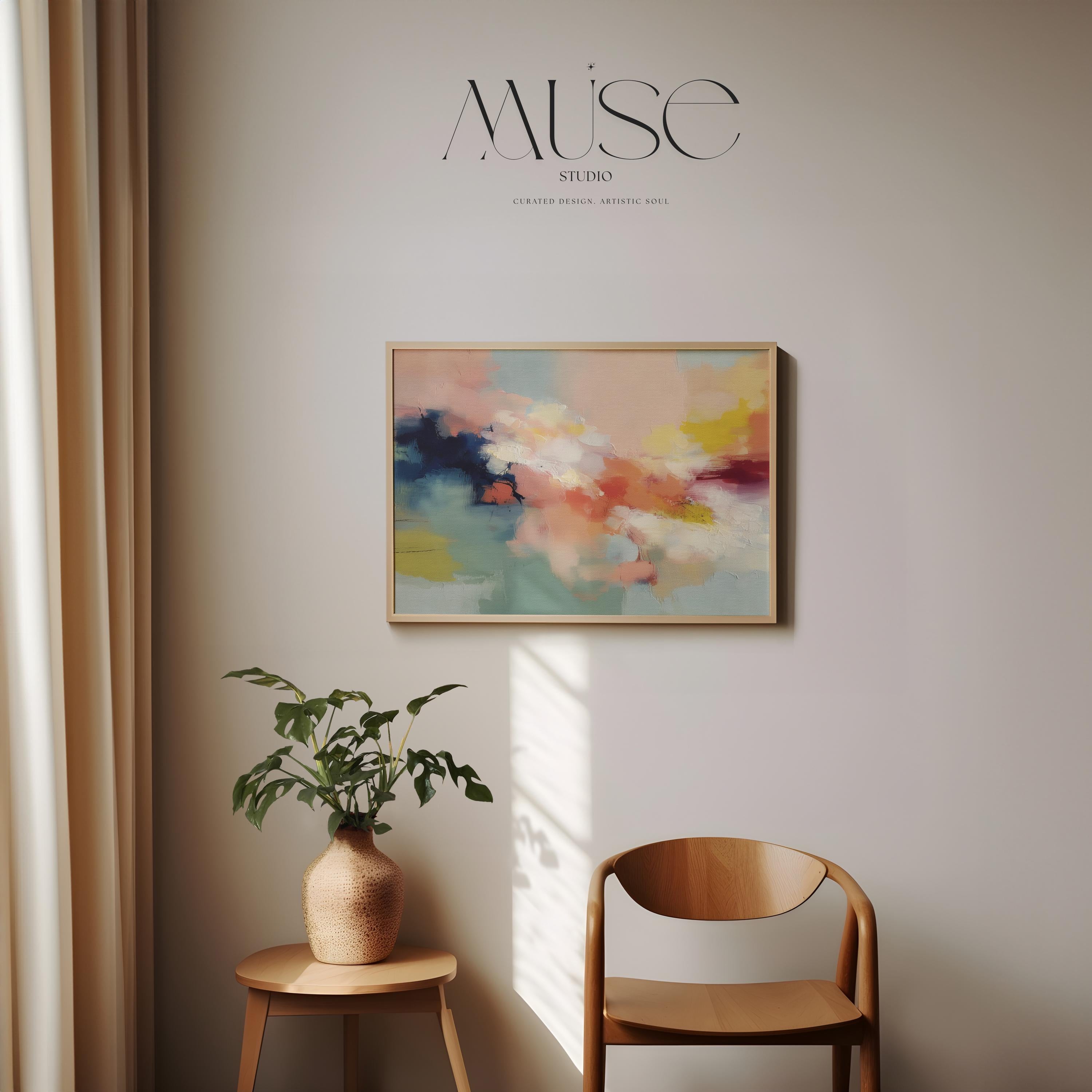 Abstract horizontal wall art in navy, peach, ochre, and soft aqua tones with layered painterly texture. Inspired by natural forms and shifting skies, this design suits transitional, eclectic, or nature-inspired interiors. Available as a fine art poster or canvas wall art for curated, color-forward decor.