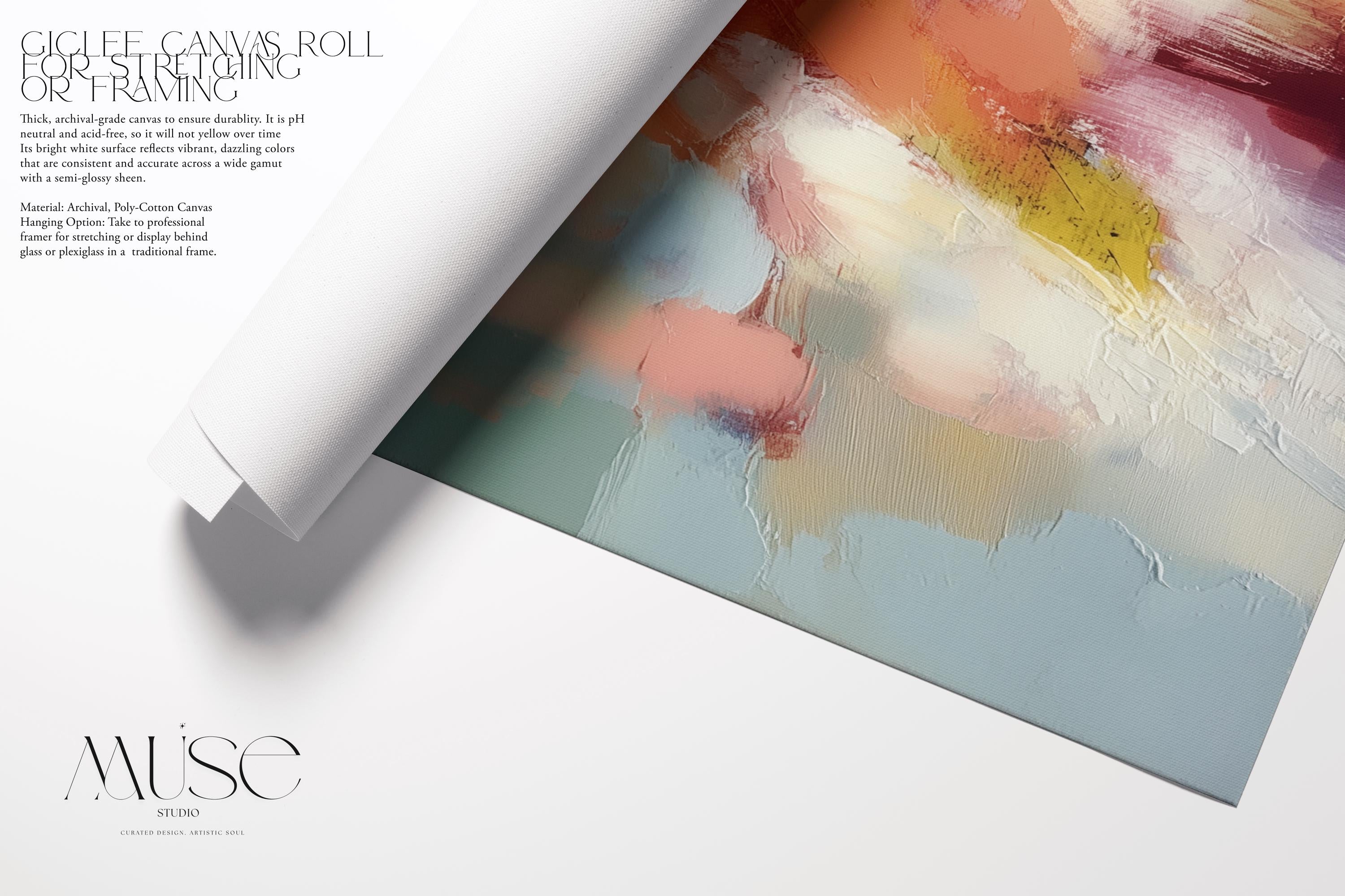 Abstract horizontal wall art in navy, peach, ochre, and soft aqua tones with layered painterly texture. Inspired by natural forms and shifting skies, this design suits transitional, eclectic, or nature-inspired interiors. Available as a fine art poster or canvas wall art for curated, color-forward decor.