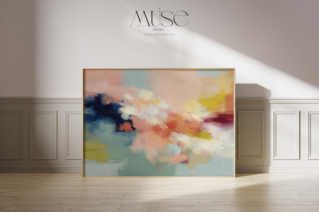 Abstract horizontal wall art in navy, peach, ochre, and soft aqua tones with layered painterly texture. Inspired by natural forms and shifting skies, this design suits transitional, eclectic, or nature-inspired interiors. Available as a fine art poster or canvas wall art for curated, color-forward decor.