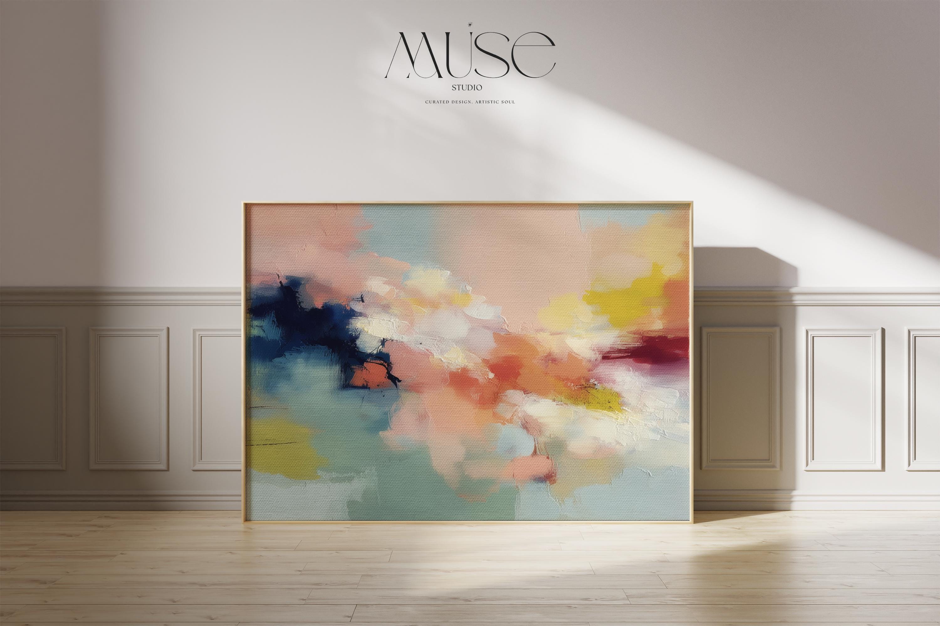 Abstract horizontal wall art in navy, peach, ochre, and soft aqua tones with layered painterly texture. Inspired by natural forms and shifting skies, this design suits transitional, eclectic, or nature-inspired interiors. Available as a fine art poster or canvas wall art for curated, color-forward decor.