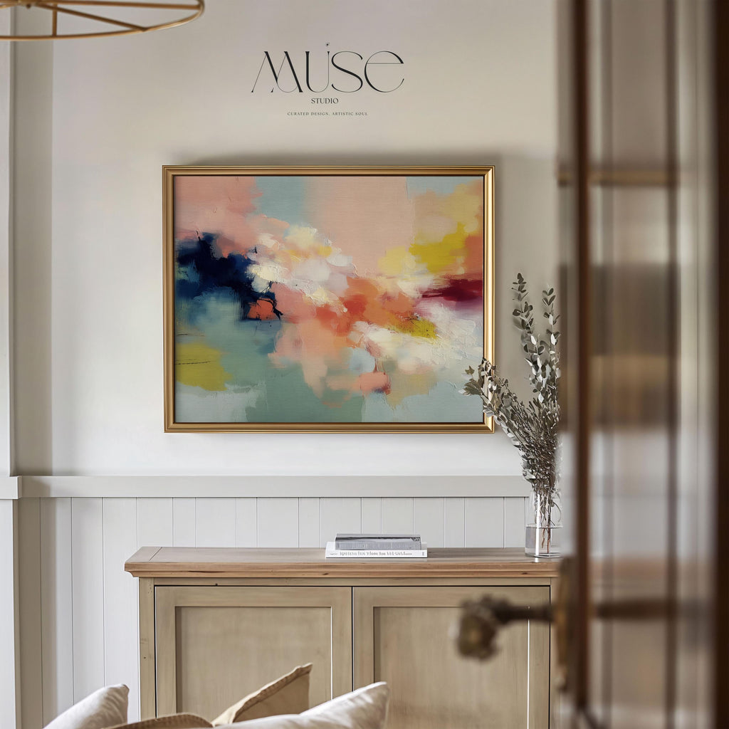 Abstract horizontal wall art in navy, peach, ochre, and soft aqua tones with layered painterly texture. Inspired by natural forms and shifting skies, this design suits transitional, eclectic, or nature-inspired interiors. Available as a fine art poster or canvas wall art for curated, color-forward decor.