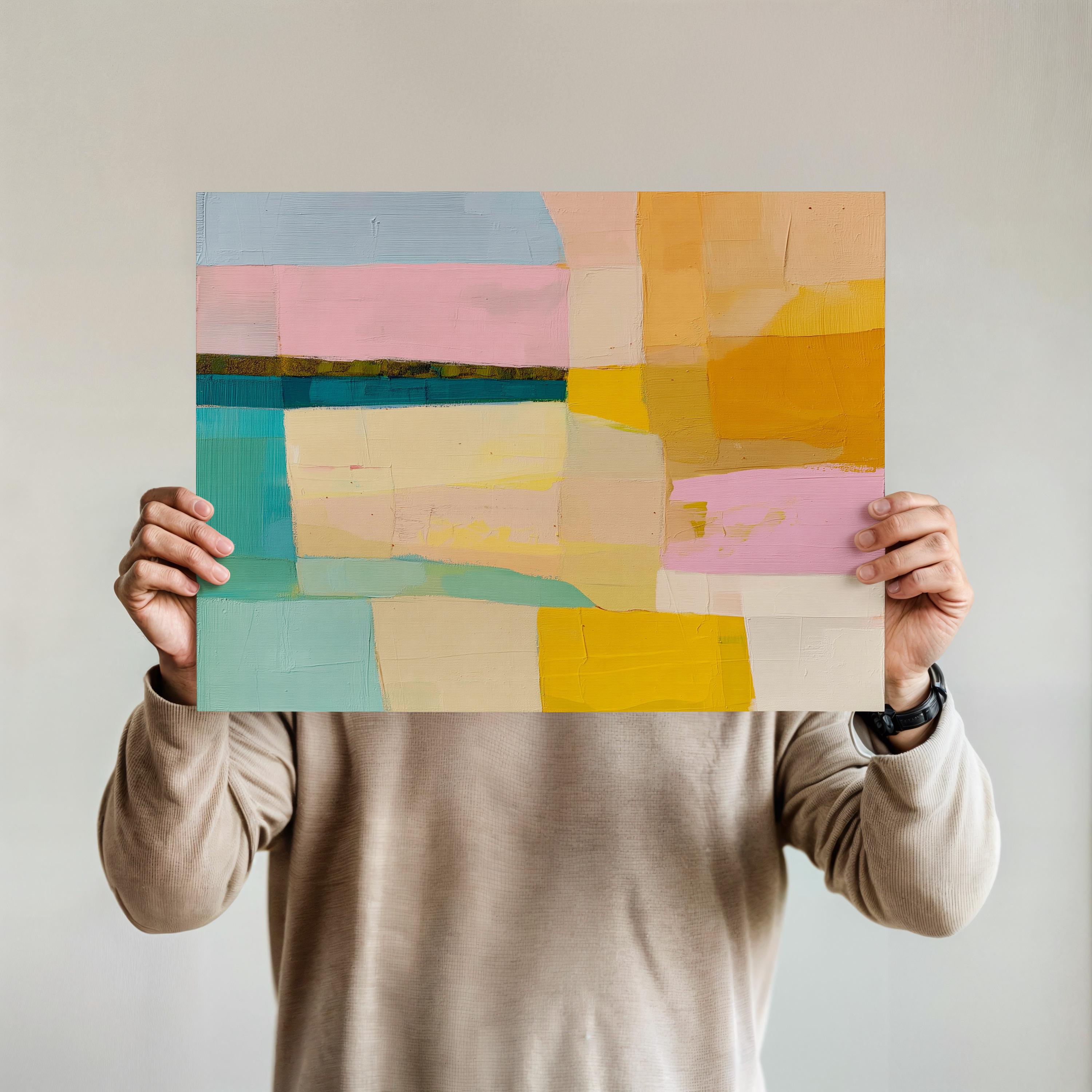 Horizontal abstract artwork featuring retro geometric color blocks in mustard yellow, teal, blush, and blue. A playful, mid-century inspired palette ideal for eclectic kitchens, modern hallways, or bold gallery walls. Available as a fine art poster or canvas wall art for curated, color-forward decor.