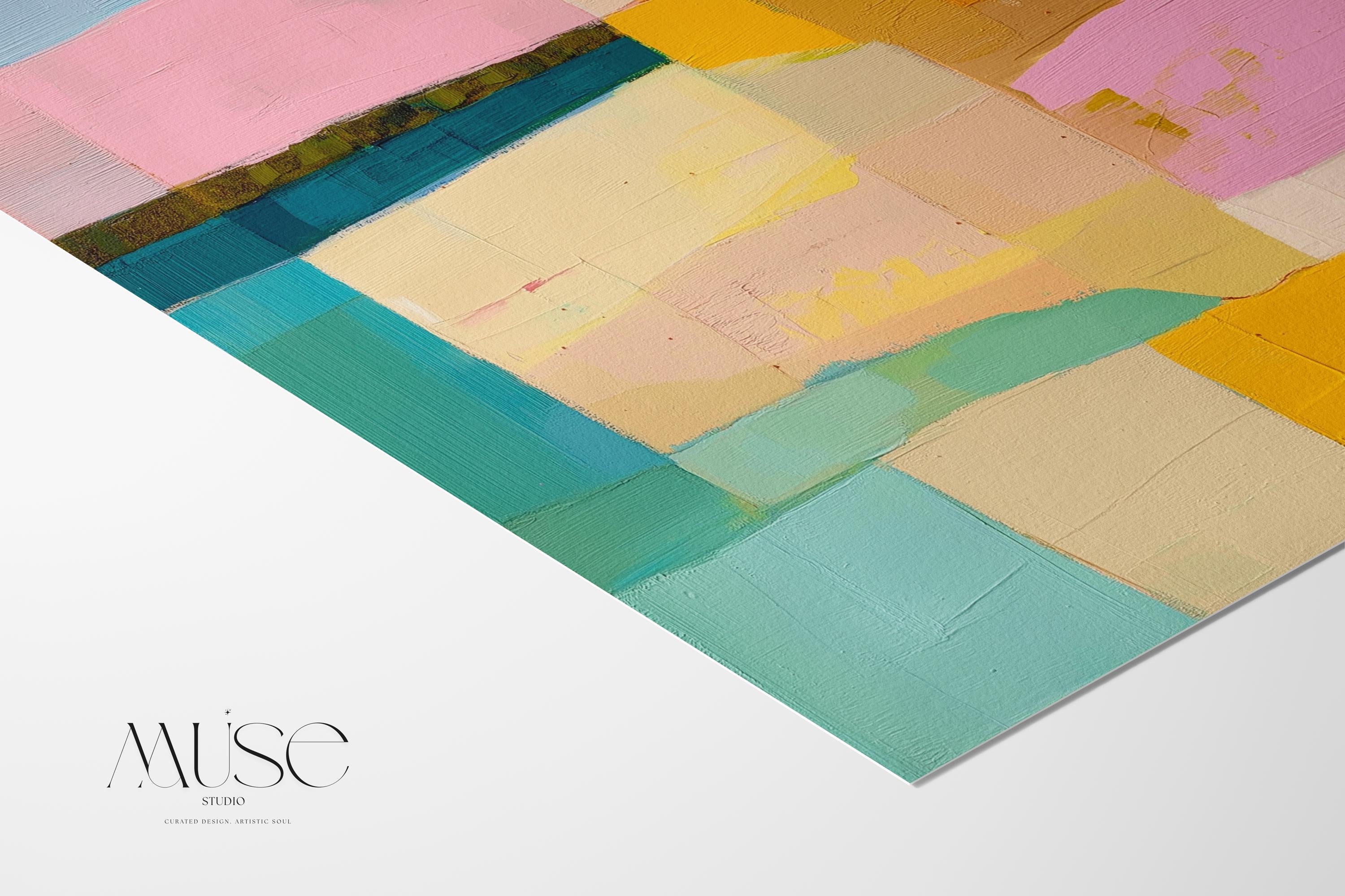 Horizontal abstract artwork featuring retro geometric color blocks in mustard yellow, teal, blush, and blue. A playful, mid-century inspired palette ideal for eclectic kitchens, modern hallways, or bold gallery walls. Available as a fine art poster or canvas wall art for curated, color-forward decor.