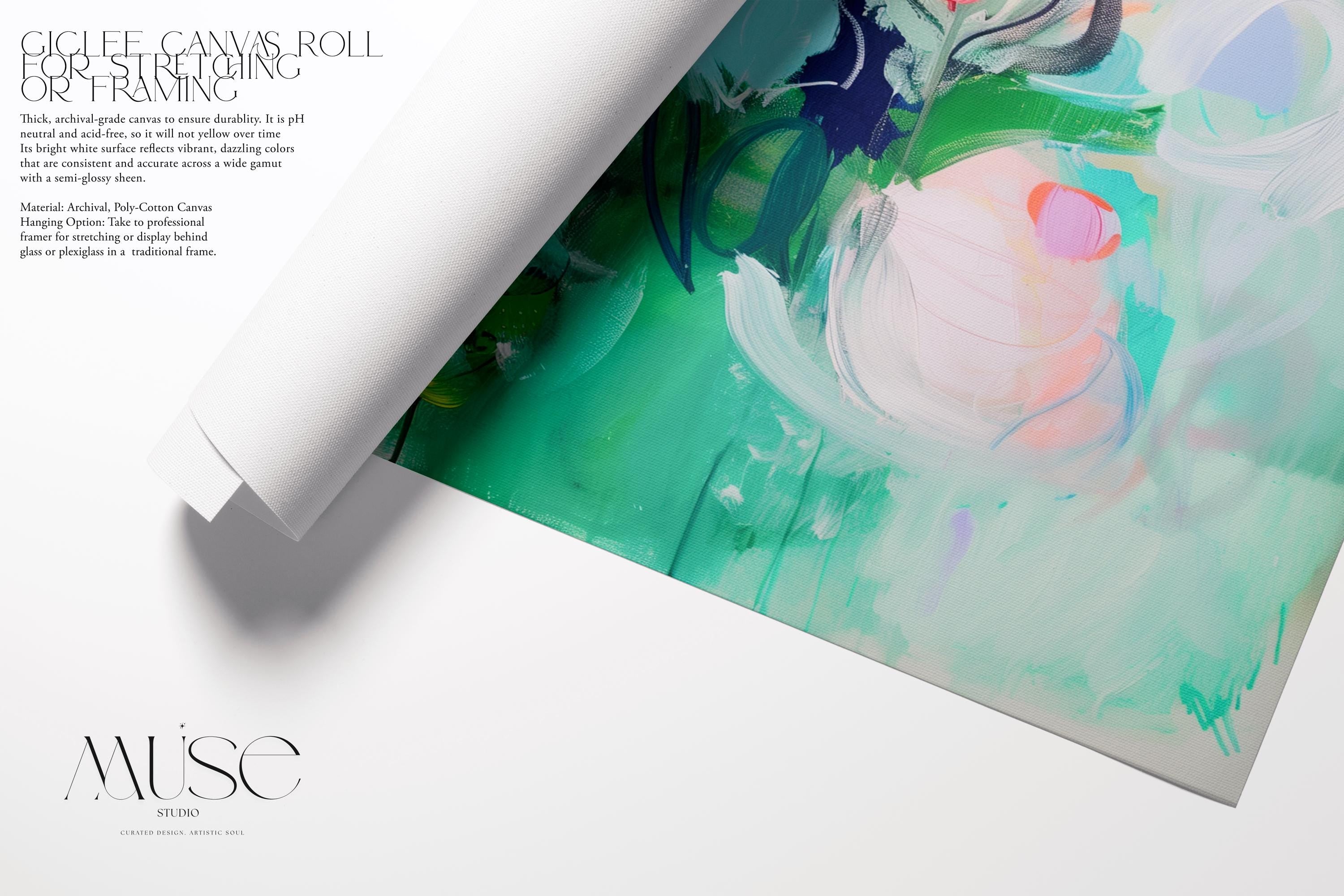 Soft floral abstract painting in mint green, blush, lavender, and citrus accents. Gentle brushstrokes suggest botanical shapes in a dreamy layout, ideal for nursery walls, feminine bedrooms, or pastel contemporary interiors. Available as a fine art poster or canvas wall art for curated, color-forward decor.