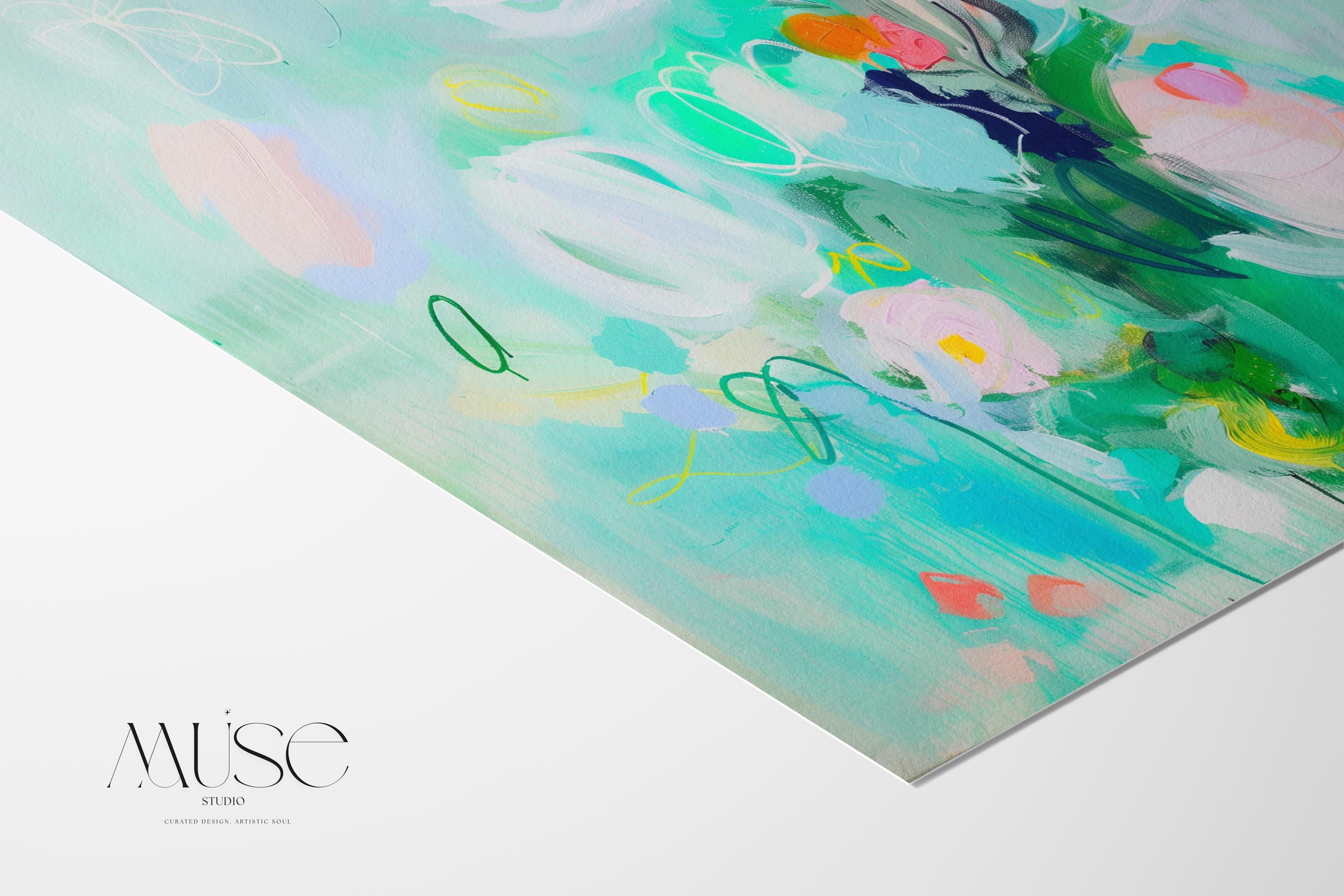 Large horizontal abstract floral wall art by Muse Studio in mint green and blush with lilac and peach accents, printed with museum-grade giclée inks on premium gallery-wrapped artist canvas, styled in a soft pastel nursery.