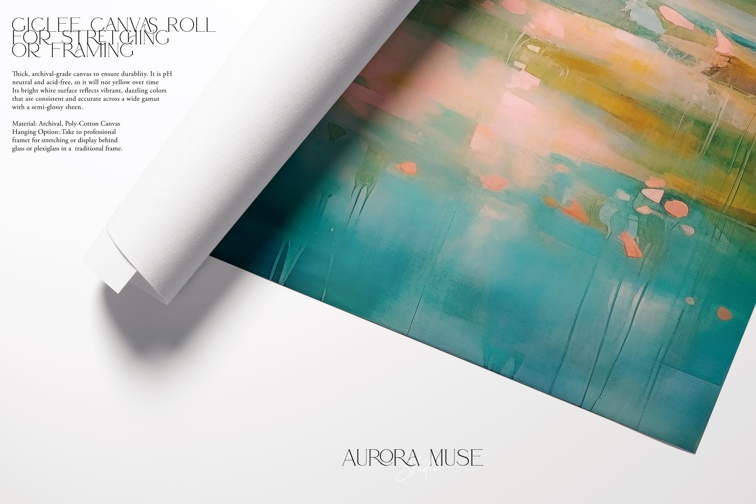 Vertical abstract artwork in teal, blush peach, and soft golden tones with flowing texture and atmospheric mood. Ideal for bedrooms, spa-inspired bathrooms, or serene modern offices. Available as a fine art poster or canvas wall art for curated, color-forward decor.