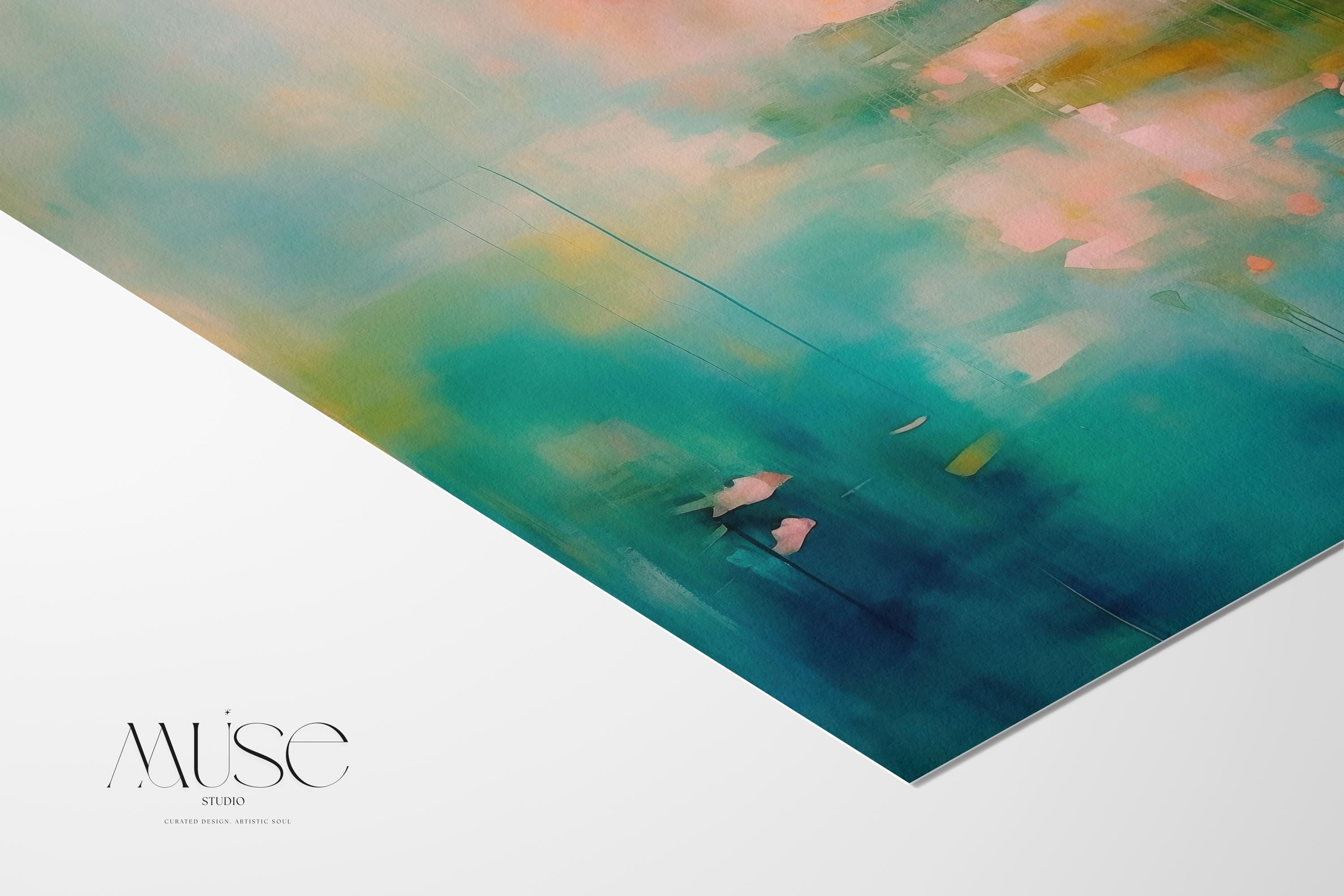 Vertical abstract artwork in teal, blush peach, and soft golden tones with flowing texture and atmospheric mood. Ideal for bedrooms, spa-inspired bathrooms, or serene modern offices. Available as a fine art poster or canvas wall art for curated, color-forward decor.