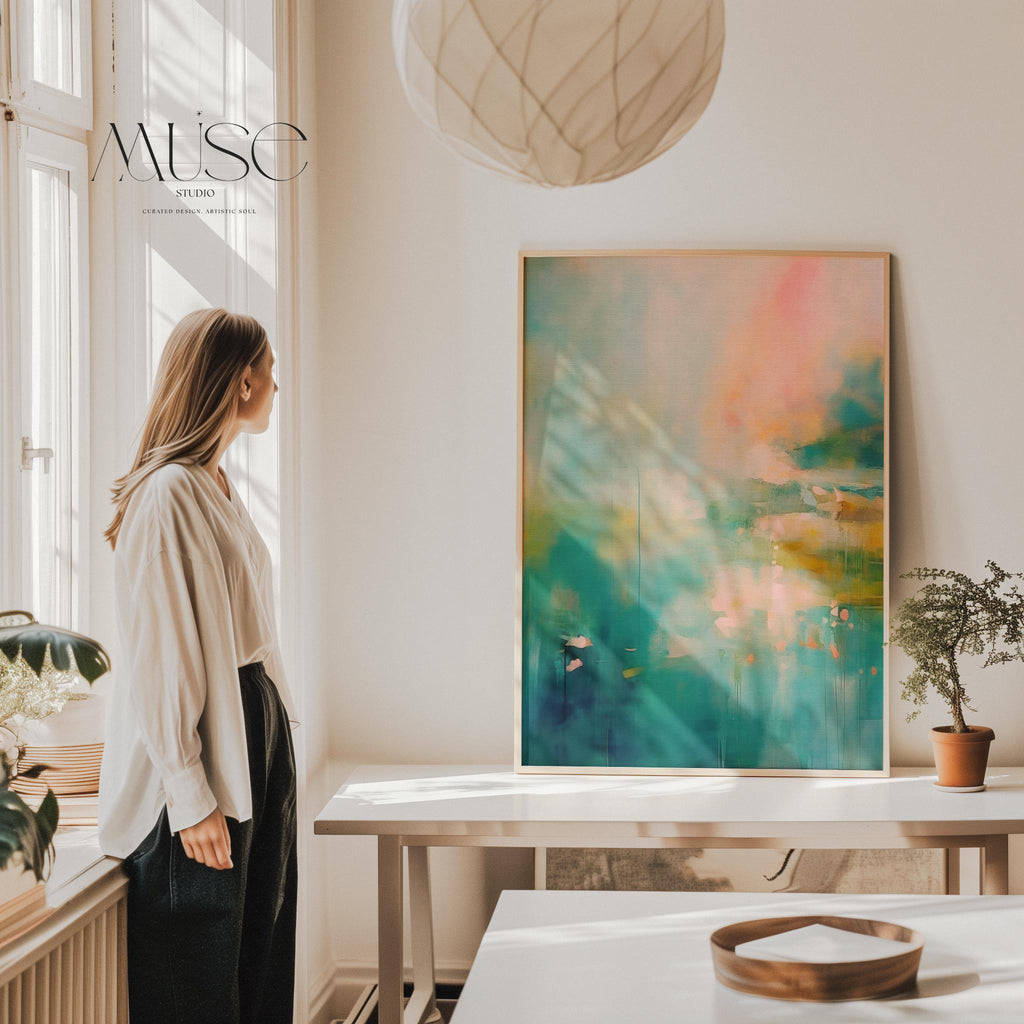 Vertical abstract artwork in teal, blush peach, and soft golden tones with flowing texture and atmospheric mood. Ideal for bedrooms, spa-inspired bathrooms, or serene modern offices. Available as a fine art poster or canvas wall art for curated, color-forward decor.
