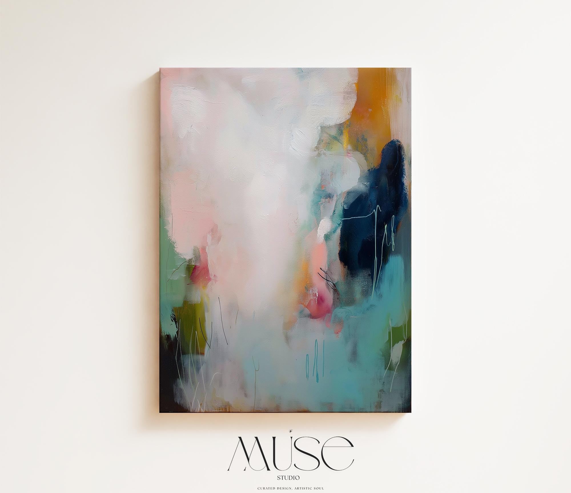 Vertical abstract wall art in blush pink, teal, and navy tones with a soft contemporary style, perfect for bedroom or office placements. Available as framed canvas or gallery-wrapped canvas by Muse Studio.