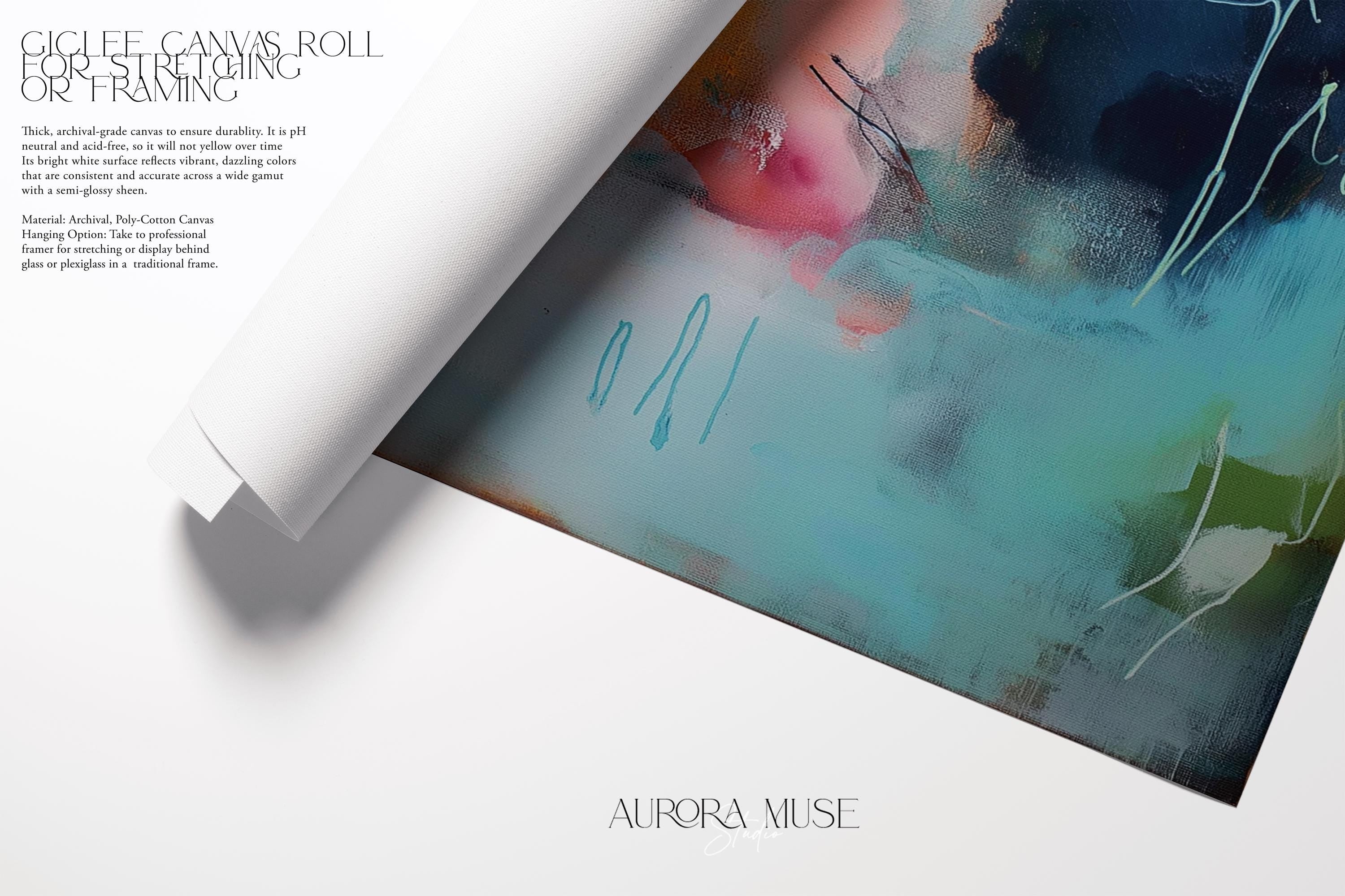 Vertical abstract wall art in soft muted tones of blush pink, teal, and navy, with gentle brushwork and atmospheric movement. A serene giclée print or canvas ideal for bedrooms, offices, or minimalist interiors. Available as a fine art poster or canvas wall art for curated, color-forward decor.