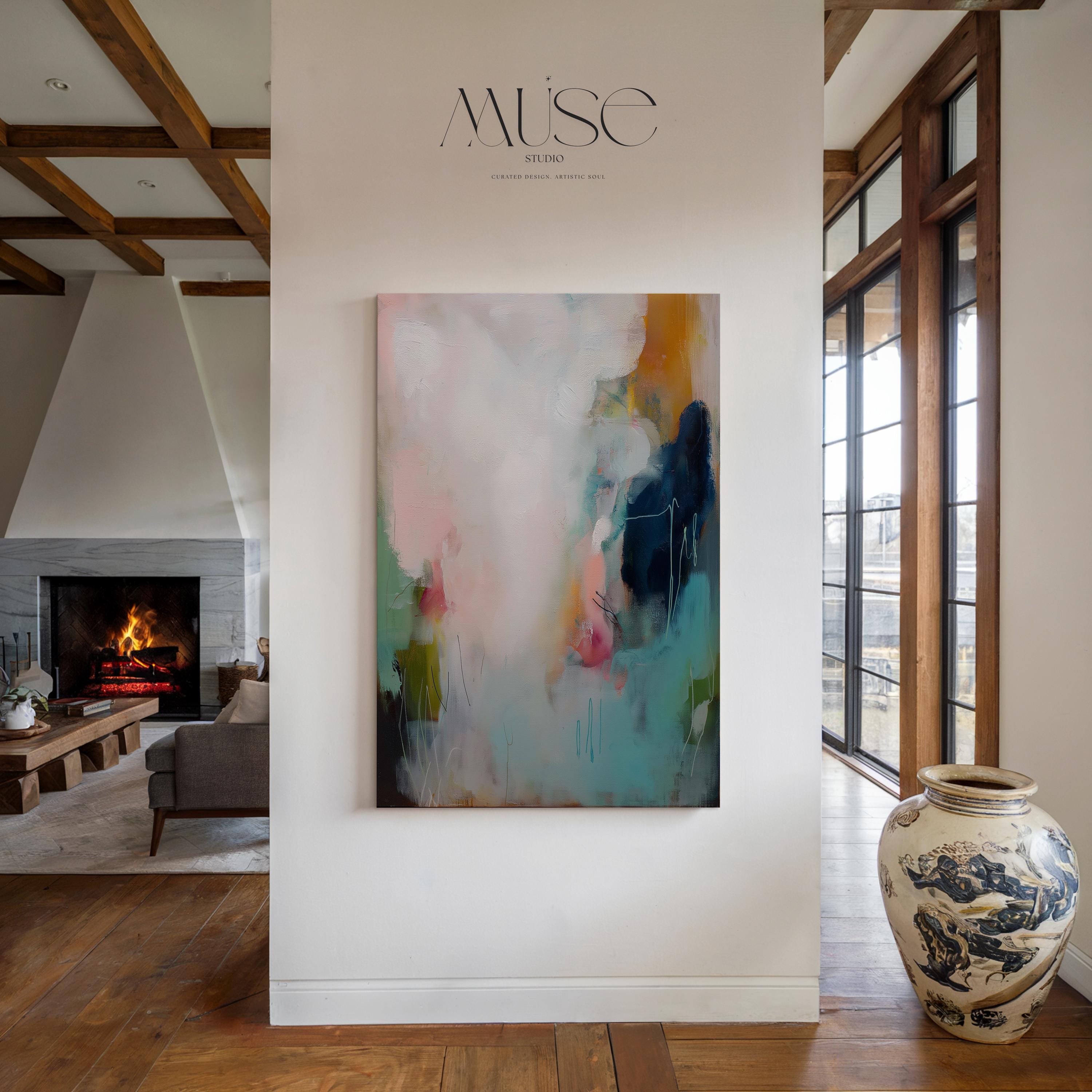 Vertical abstract wall art in soft muted tones of blush pink, teal, and navy, with gentle brushwork and atmospheric movement. A serene giclée print or canvas ideal for bedrooms, offices, or minimalist interiors. Available as a fine art poster or canvas wall art for curated, color-forward decor.