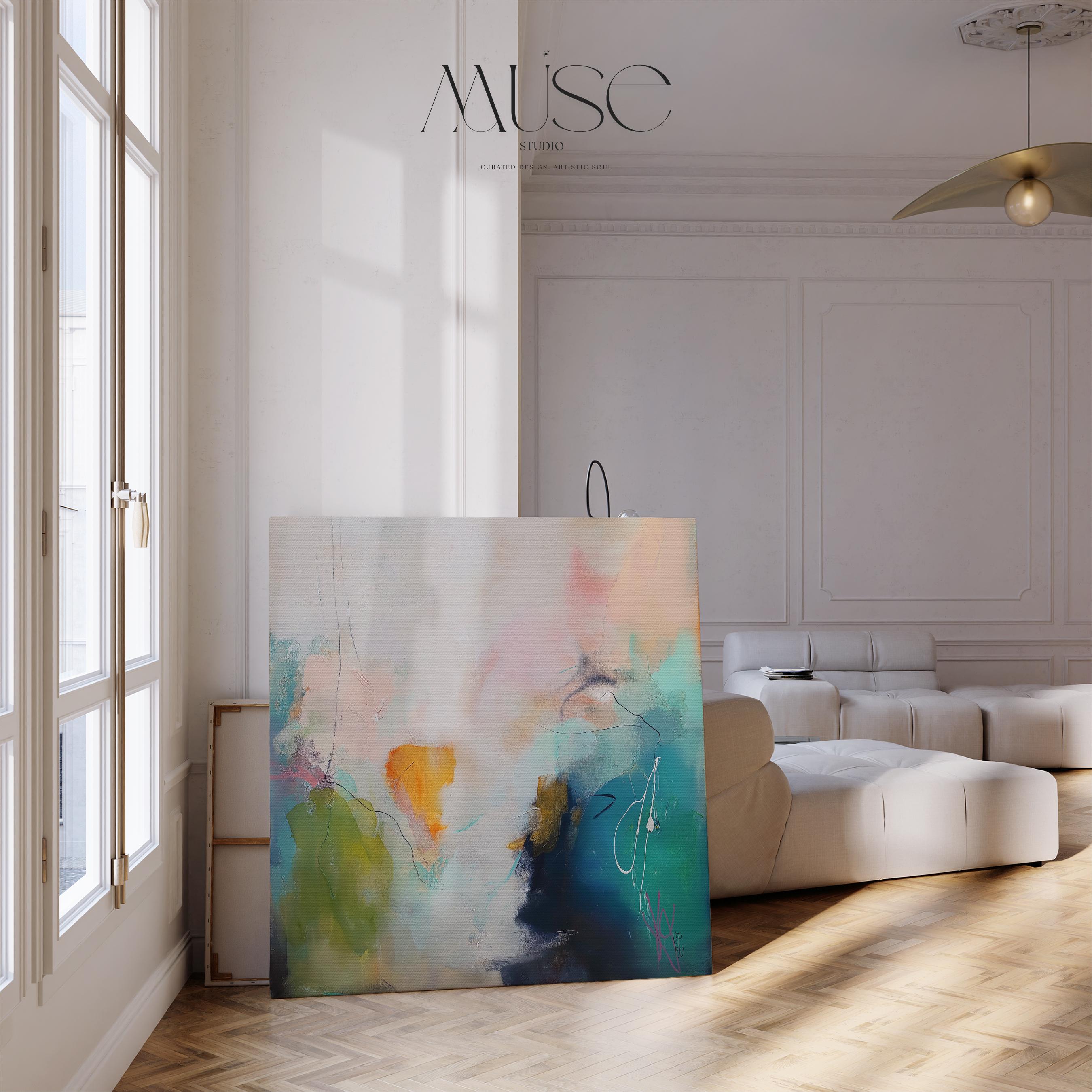 Square abstract poster print with a soft palette of blush pink, teal, olive green, and golden citrus. A gentle giclée composition perfect for muted modern bedrooms, transitional living spaces, or calm home offices. Printed on archival fine art paper. Available as a fine art poster for curated, color-forward decor.