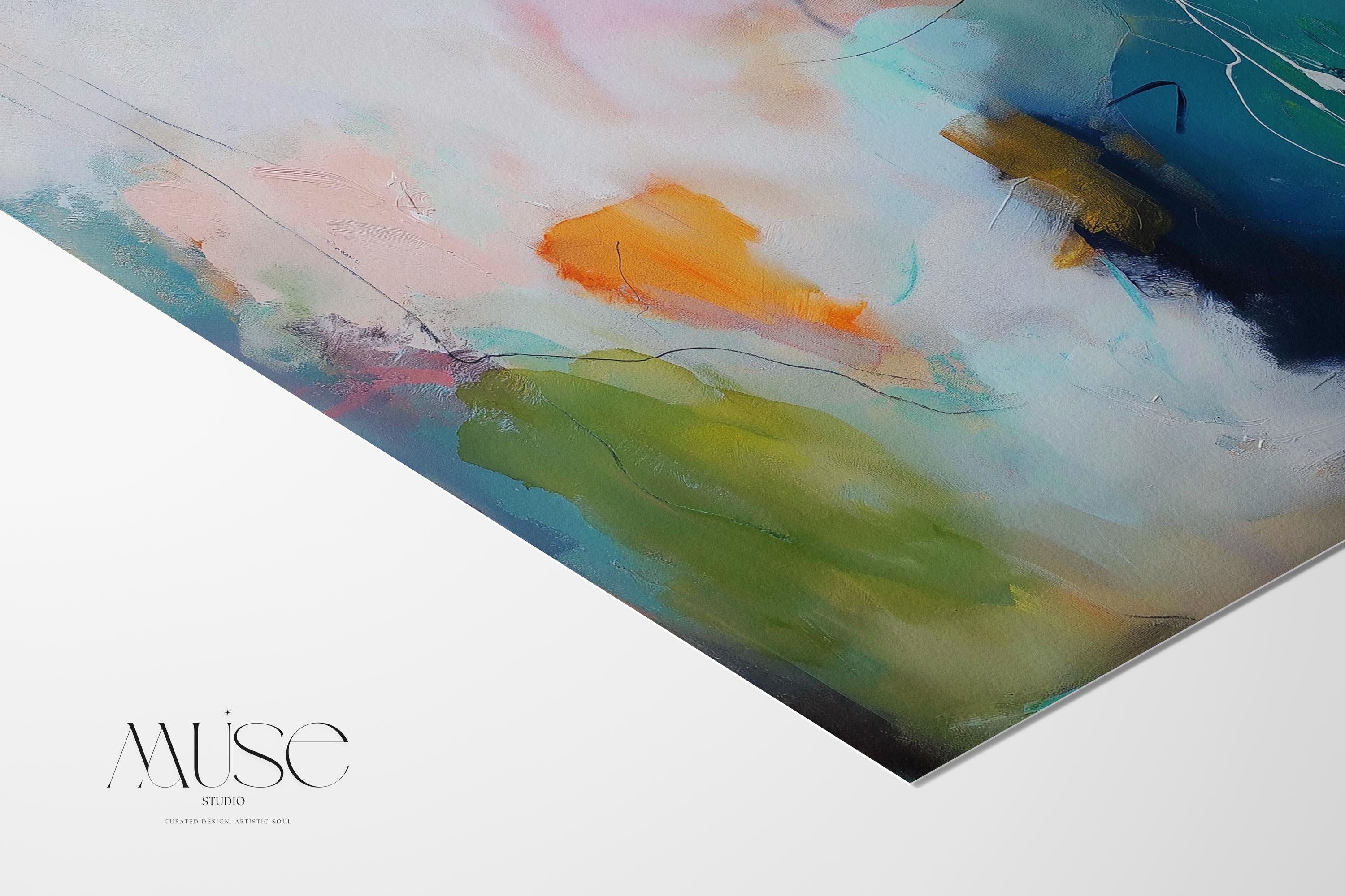 Square abstract poster print with a soft palette of blush pink, teal, olive green, and golden citrus. A gentle giclée composition perfect for muted modern bedrooms, transitional living spaces, or calm home offices. Printed on archival fine art paper. Available as a fine art poster for curated, color-forward decor.