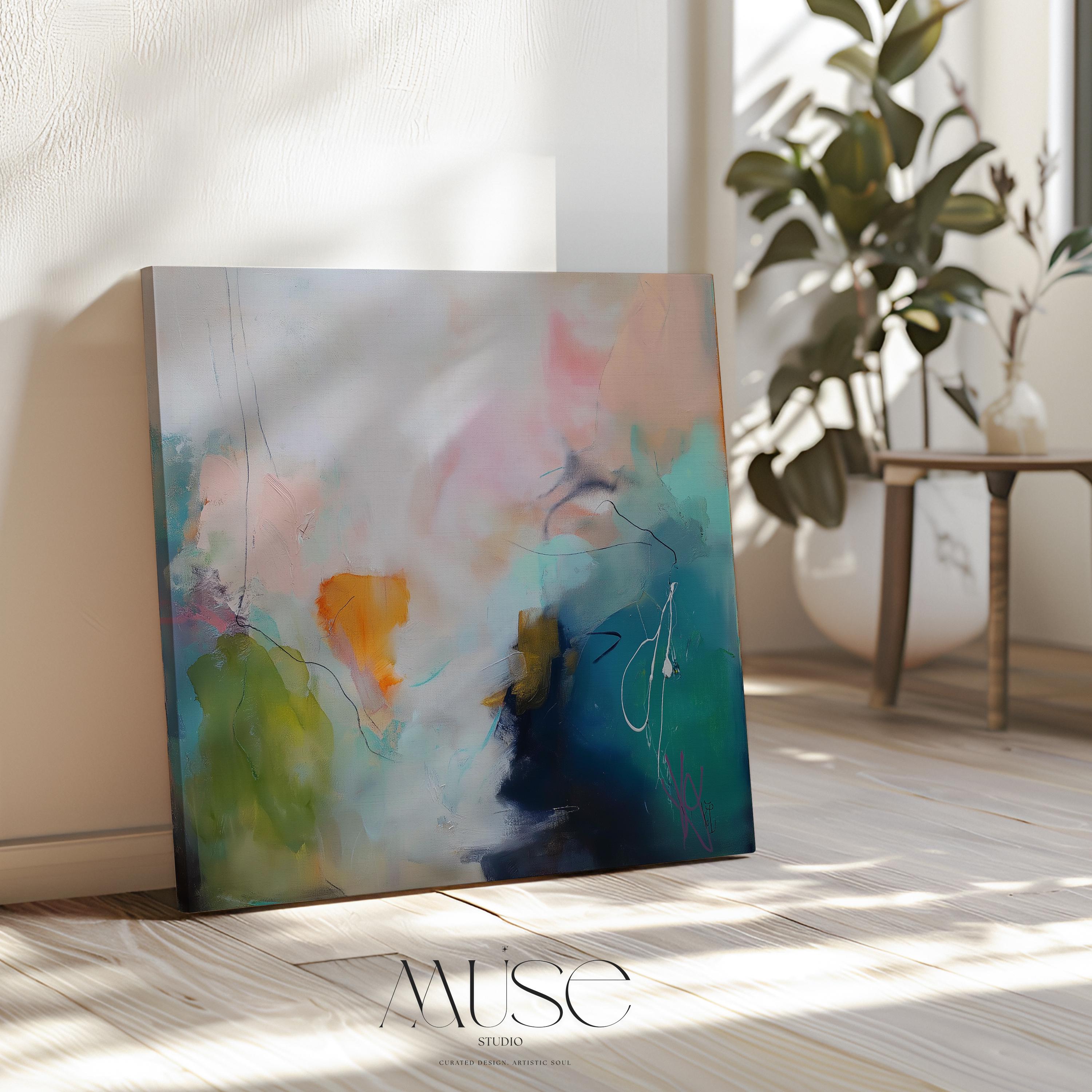 Square abstract poster print with a soft palette of blush pink, teal, olive green, and golden citrus. A gentle giclée composition perfect for muted modern bedrooms, transitional living spaces, or calm home offices. Printed on archival fine art paper. Available as a fine art poster for curated, color-forward decor.