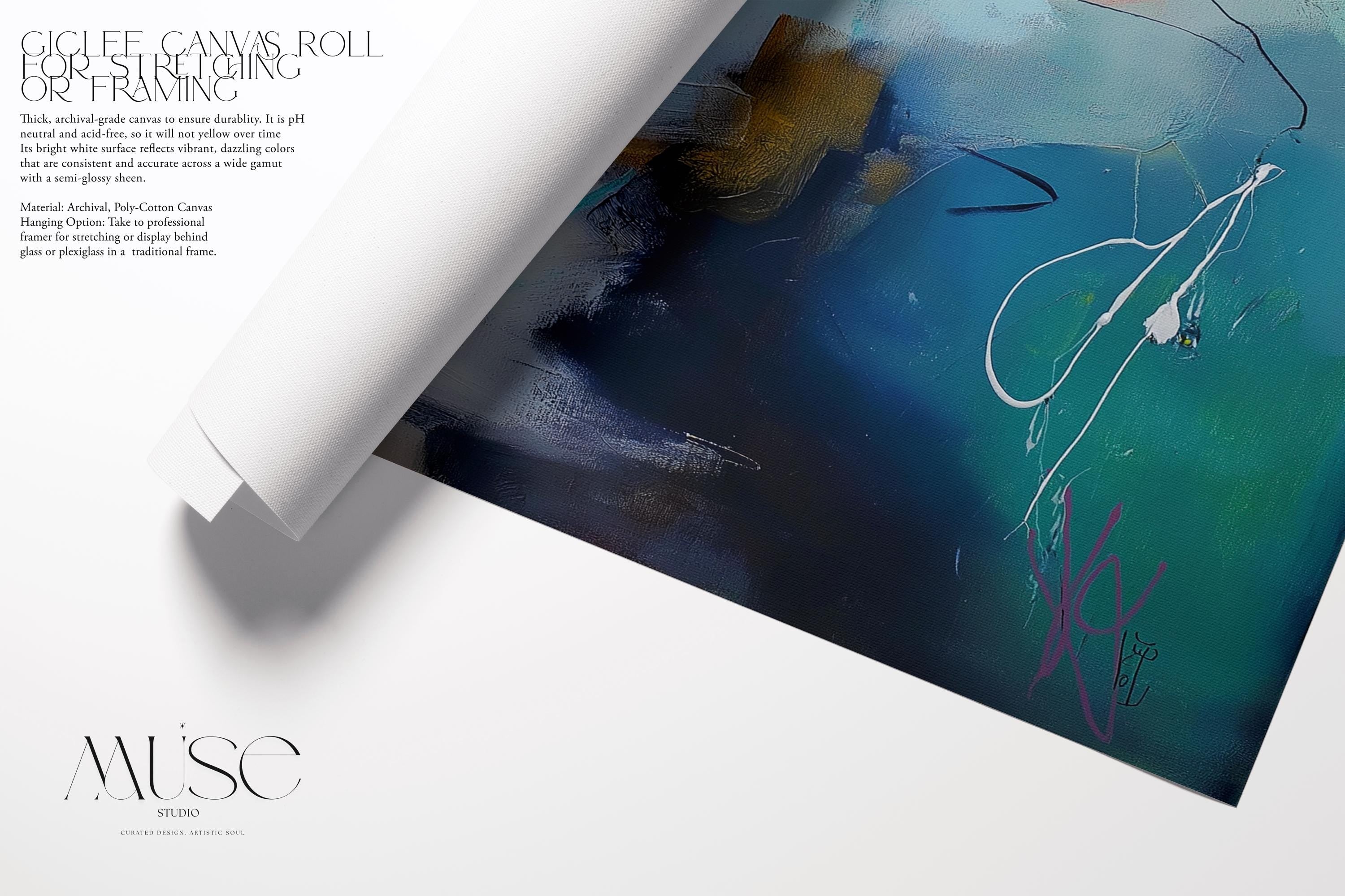 Square giclée poster print in soft blush, teal, and olive with abstract brushwork and airy pastel tones. Ideal for muted modern decor and soft contemporary bedrooms. Printed on fine art paper using archival giclée inks. Available as a fine art poster for curated, color-forward decor.
