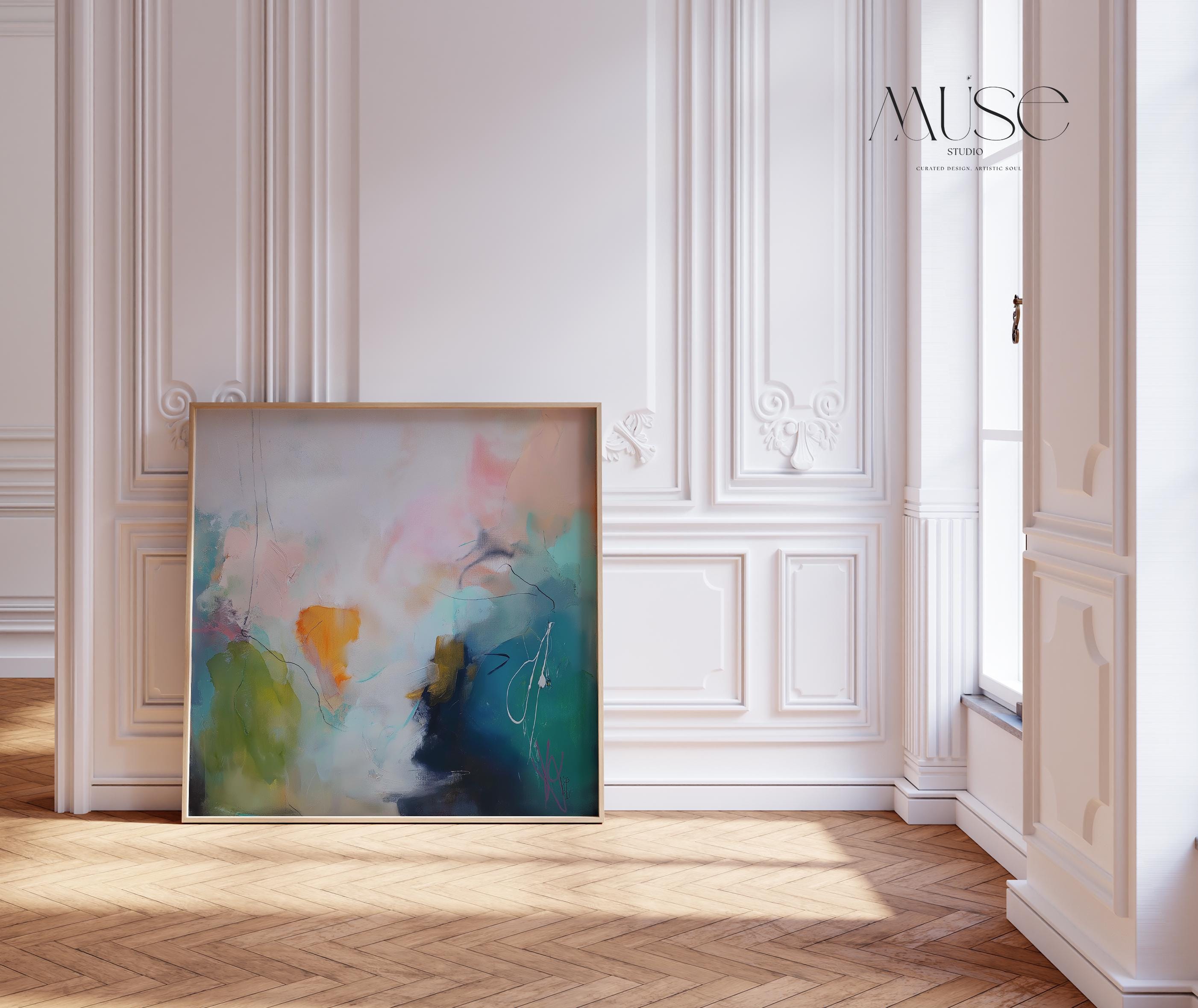 Square giclée poster print in soft blush, teal, and olive with abstract brushwork and airy pastel tones. Ideal for muted modern decor and soft contemporary bedrooms. Printed on fine art paper using archival giclée inks. Available as a fine art poster for curated, color-forward decor.