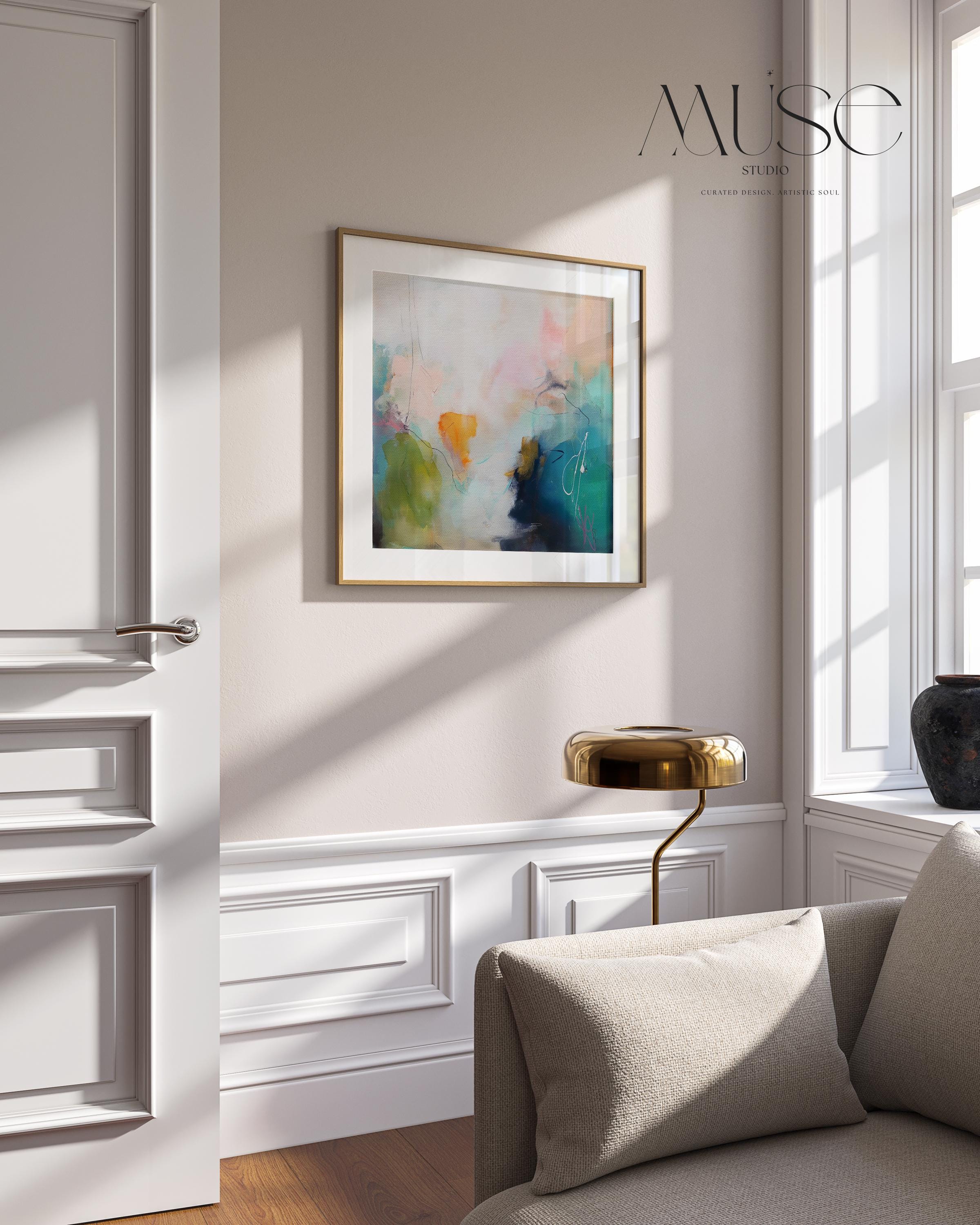 Square giclée poster print in soft blush, teal, and olive with abstract brushwork and airy pastel tones. Ideal for muted modern decor and soft contemporary bedrooms. Printed on fine art paper using archival giclée inks. Available as a fine art poster for curated, color-forward decor.