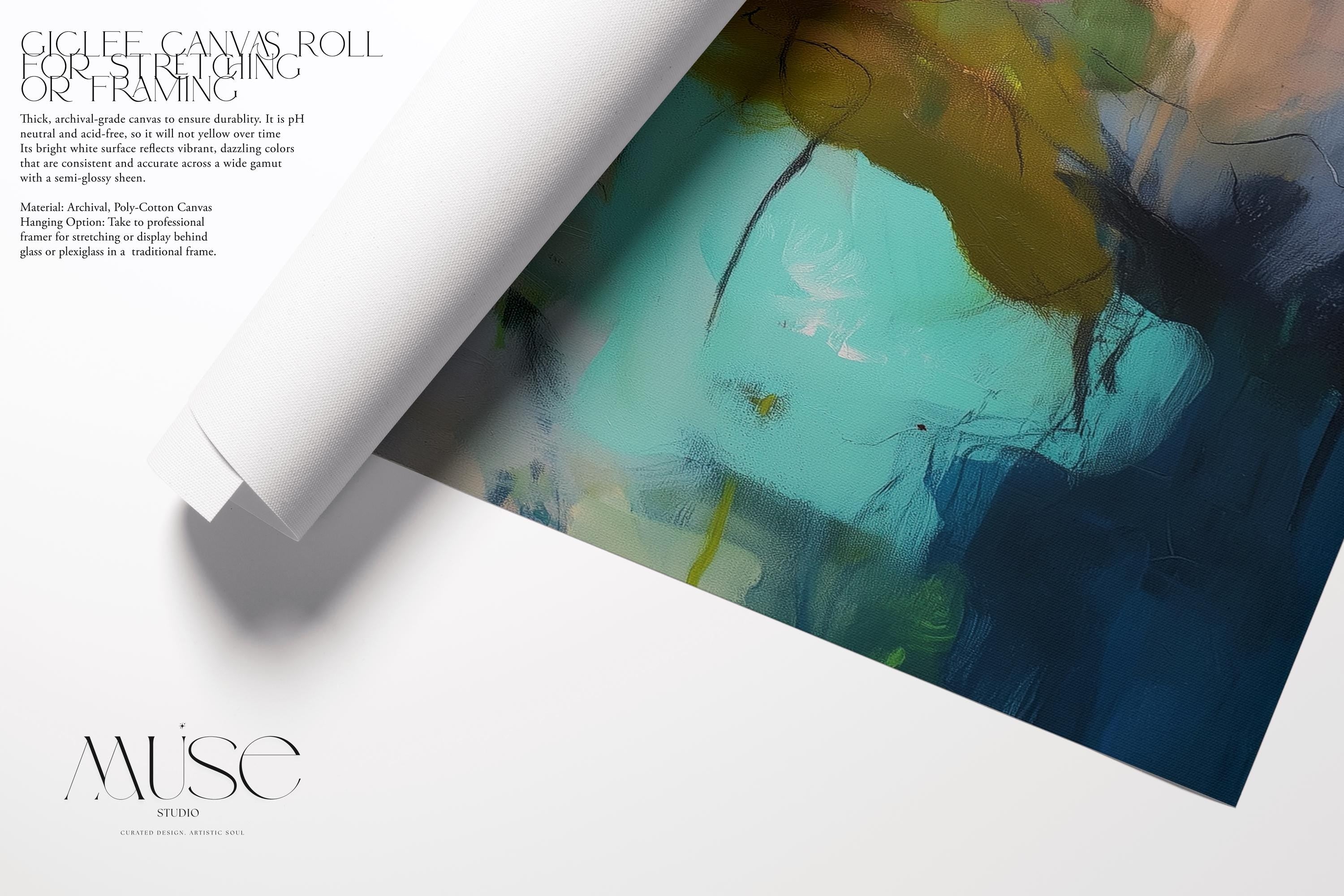 Earthy abstract giclée poster featuring teal, ochre, blush, moss green, and navy with painterly brushwork in a square layout. Designed for earthy boho and soft contemporary interiors. Printed on archival fine art paper using the giclée technique. Available as a fine art poster for curated, color-forward decor.