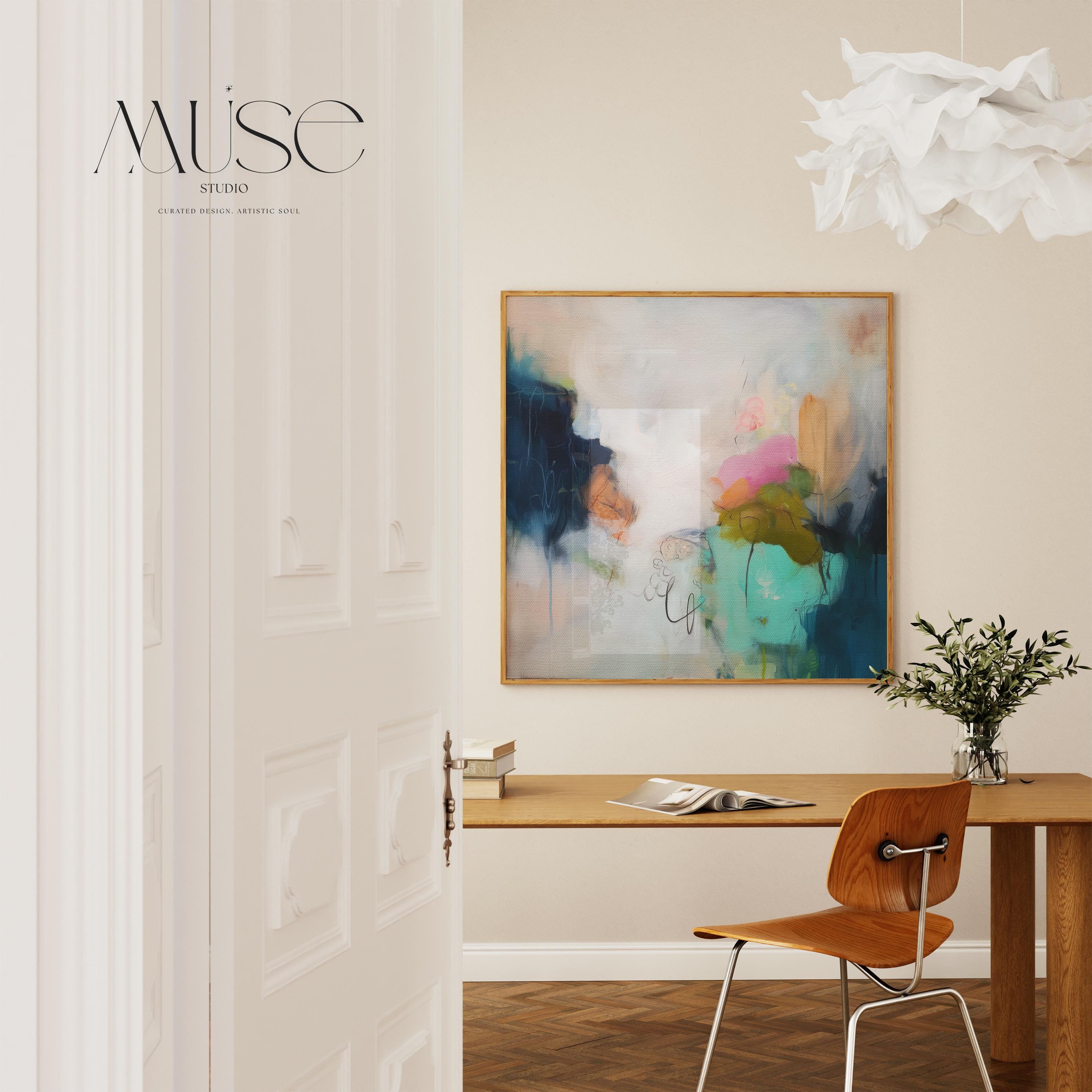 Earthy abstract giclée poster featuring teal, ochre, blush, moss green, and navy with painterly brushwork in a square layout. Designed for earthy boho and soft contemporary interiors. Printed on archival fine art paper using the giclée technique. Available as a fine art poster for curated, color-forward decor.