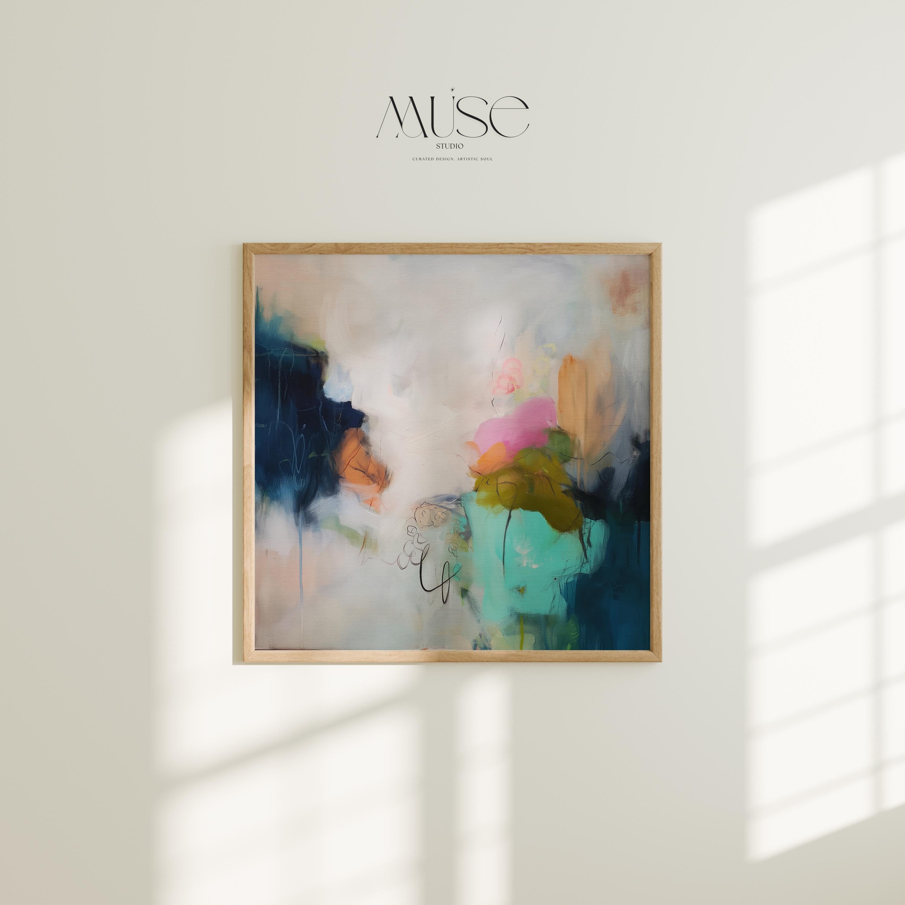 Square abstract giclée art print featuring teal, ochre, blush, and moss green in a softly layered composition. Ideal for earthy boho and soft contemporary decor. Printed on fine art paper using archival giclée inks. Available as a fine art poster for curated, color-forward decor.
