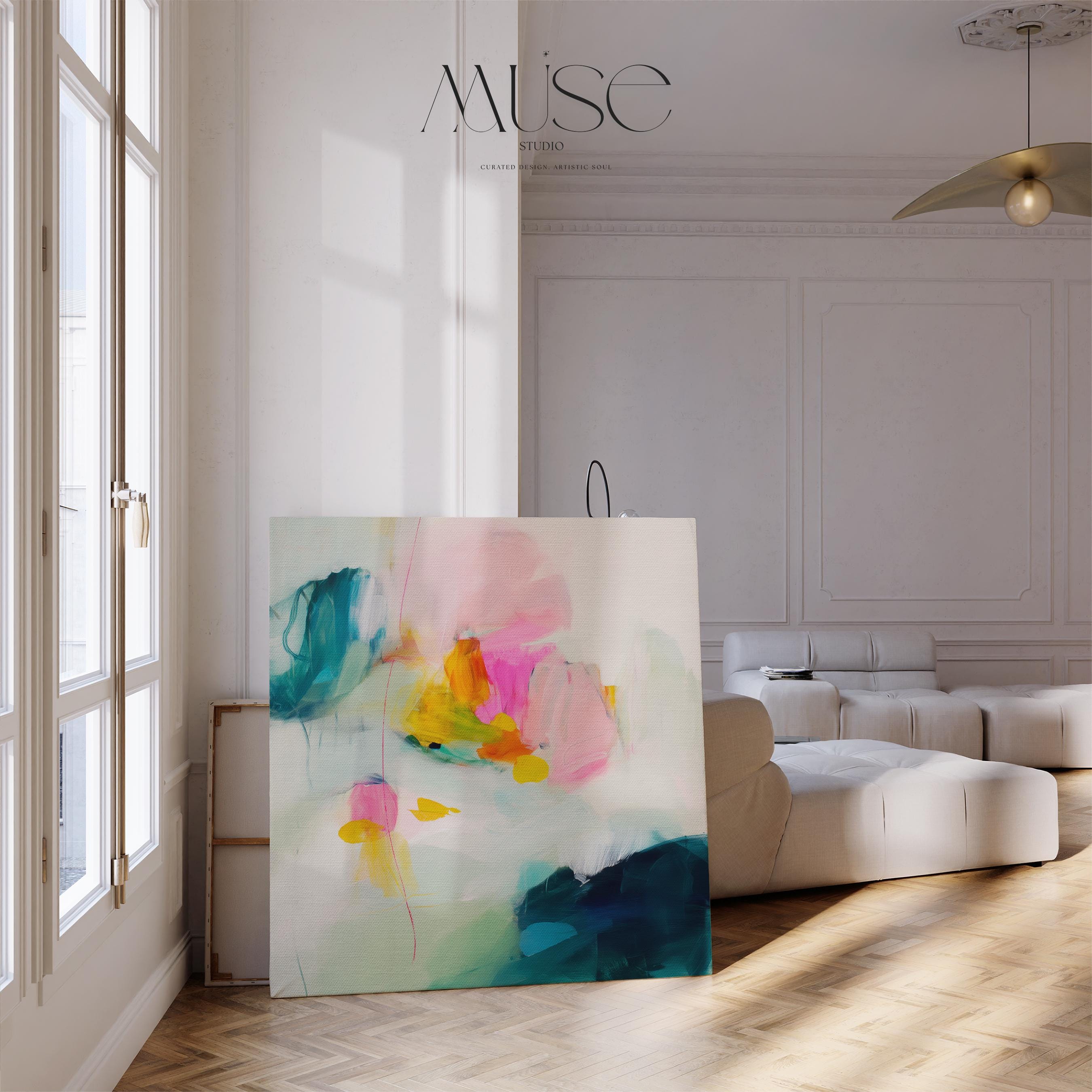 Square abstract canvas wall art in vibrant teal, hot pink, citron yellow, and soft sage green. Giclée printed on artist-grade canvas for bold color and clarity. Ideal for Color Pop or eclectic interiors. Available as framed or gallery-wrapped canvas for curated, color-forward decor.