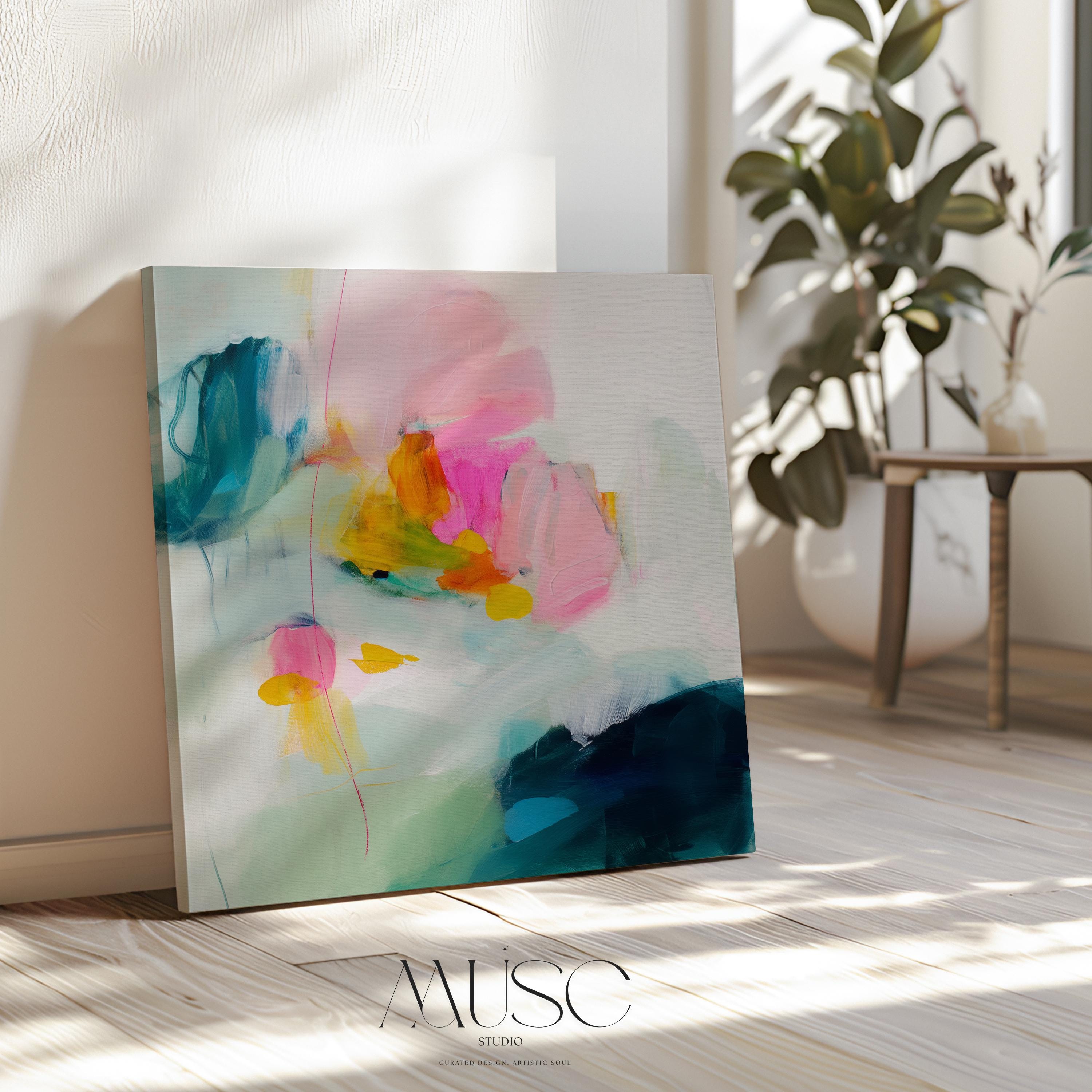 Square abstract canvas wall art in vibrant teal, hot pink, citron yellow, and soft sage green. Giclée printed on artist-grade canvas for bold color and clarity. Ideal for Color Pop or eclectic interiors. Available as framed or gallery-wrapped canvas for curated, color-forward decor.