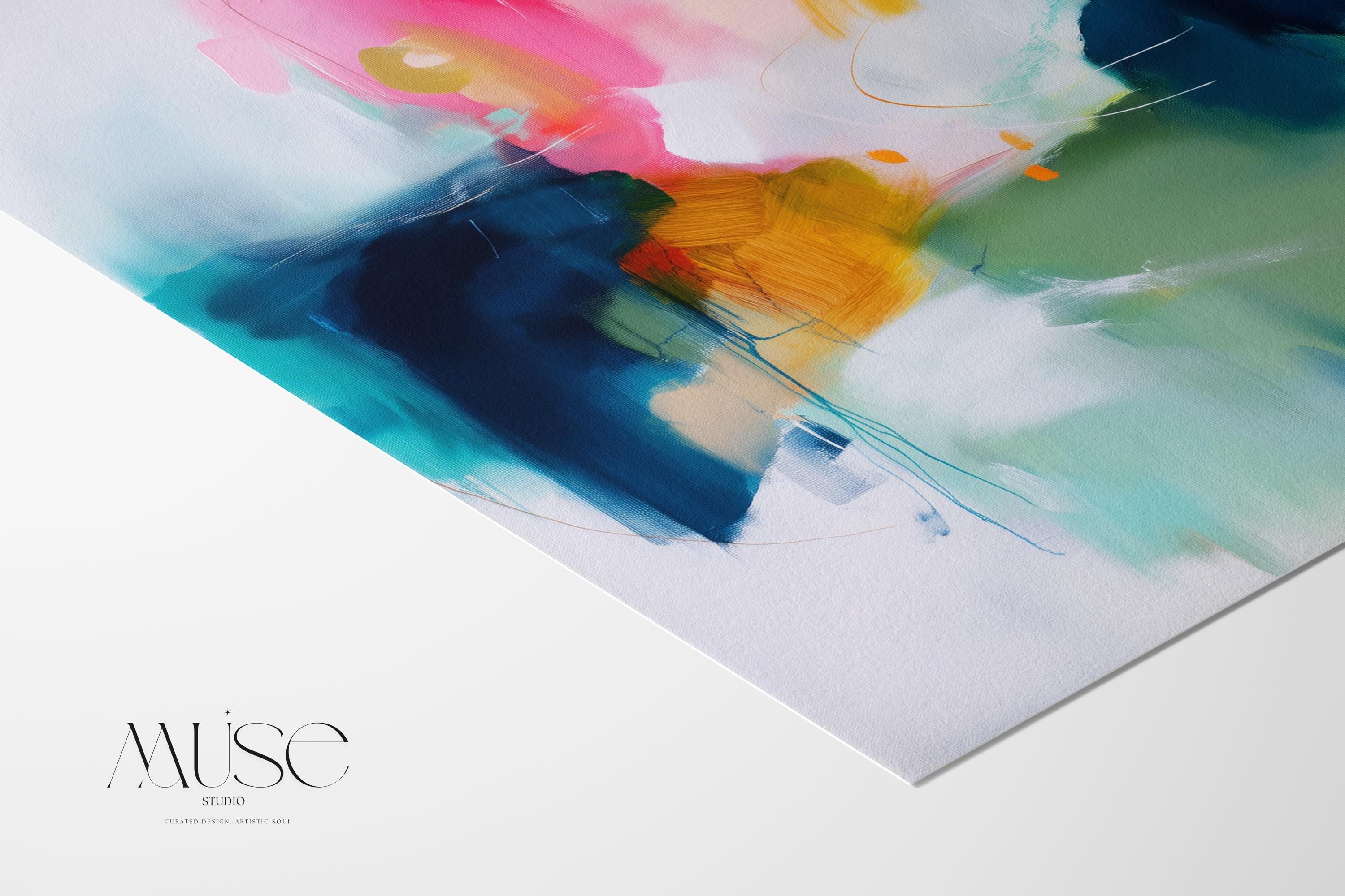 Bold giclée canvas art in vertical format featuring rich teal, blush pink, golden ochre, and sage in a layered abstract style. A high-impact wall art piece perfect for living rooms, entryways, or stylish home offices. Available as a fine art poster or canvas wall art for curated, color-forward decor.