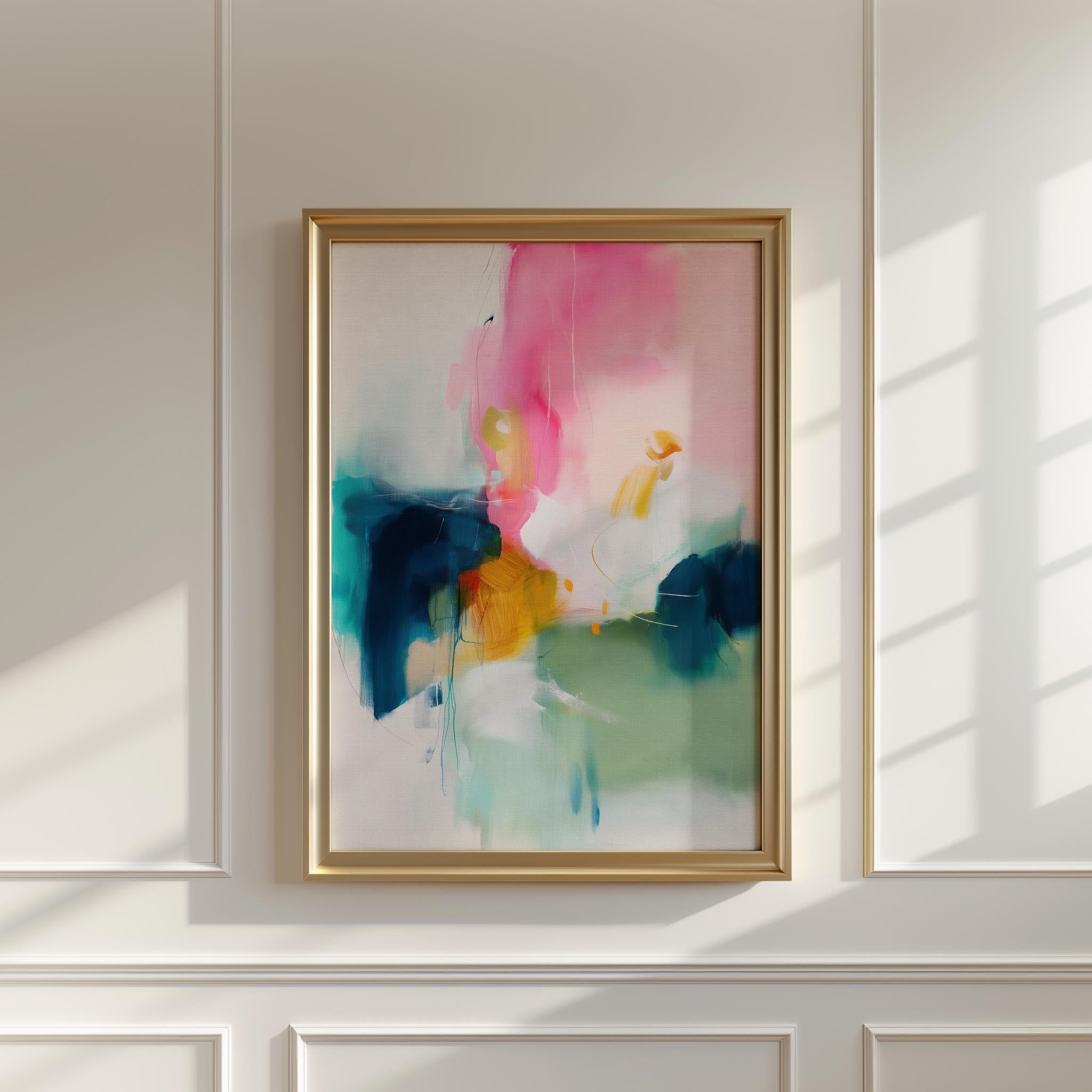 Vertical giclée art print in a bold, colorful palette of blush pink, teal, ochre, and sage. A striking abstract design perfect for color-forward bedrooms, creative studios, or statement walls. Available as a fine art poster or canvas wall art for curated, color-forward decor.