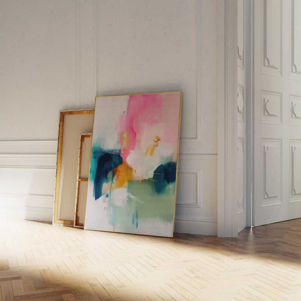 Vertical giclée art print in a bold, colorful palette of blush pink, teal, ochre, and sage. A striking abstract design perfect for color-forward bedrooms, creative studios, or statement walls. Available as a fine art poster or canvas wall art for curated, color-forward decor.