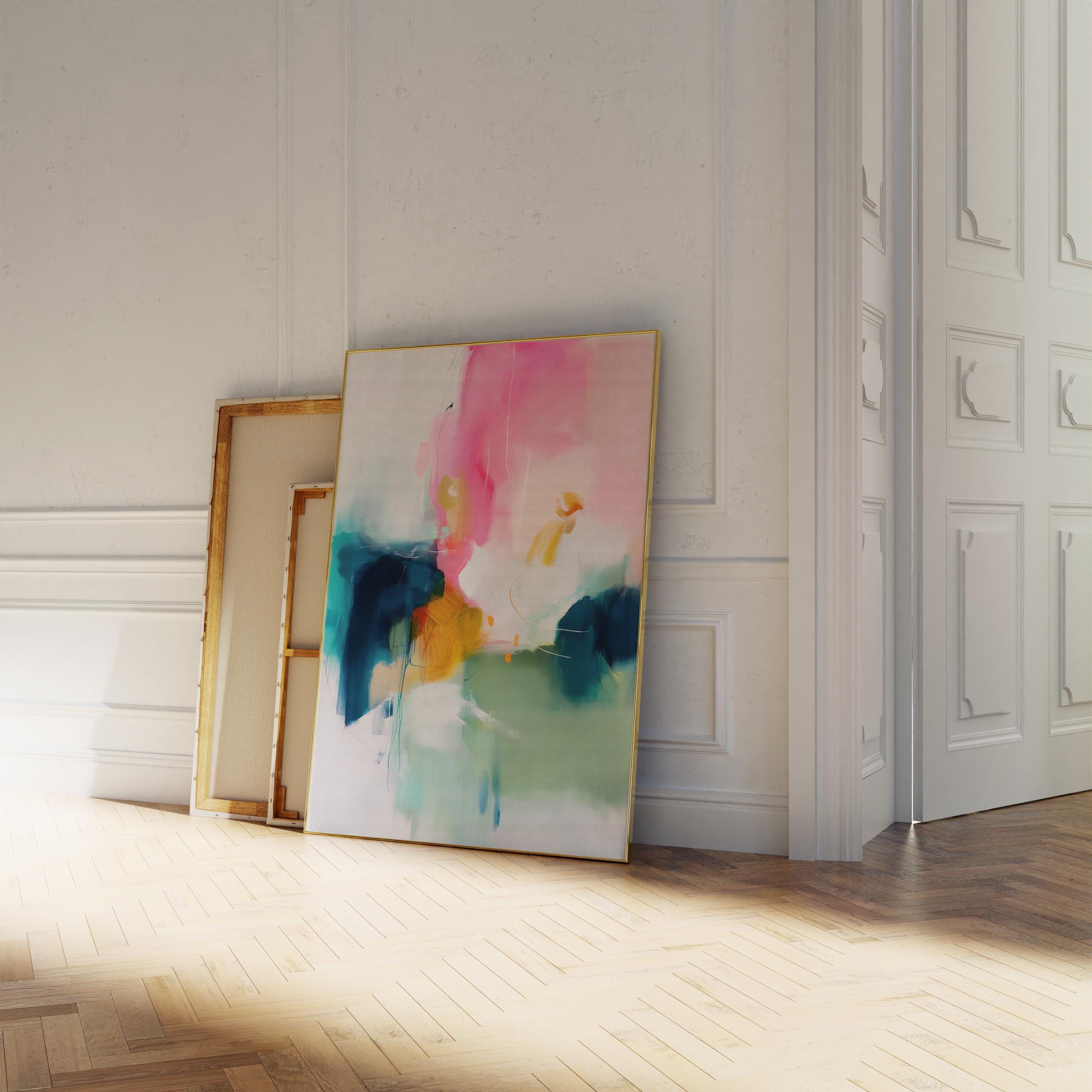 Vertical giclée art print in a bold, colorful palette of blush pink, teal, ochre, and sage. A striking abstract design perfect for color-forward bedrooms, creative studios, or statement walls. Available as a fine art poster or canvas wall art for curated, color-forward decor.