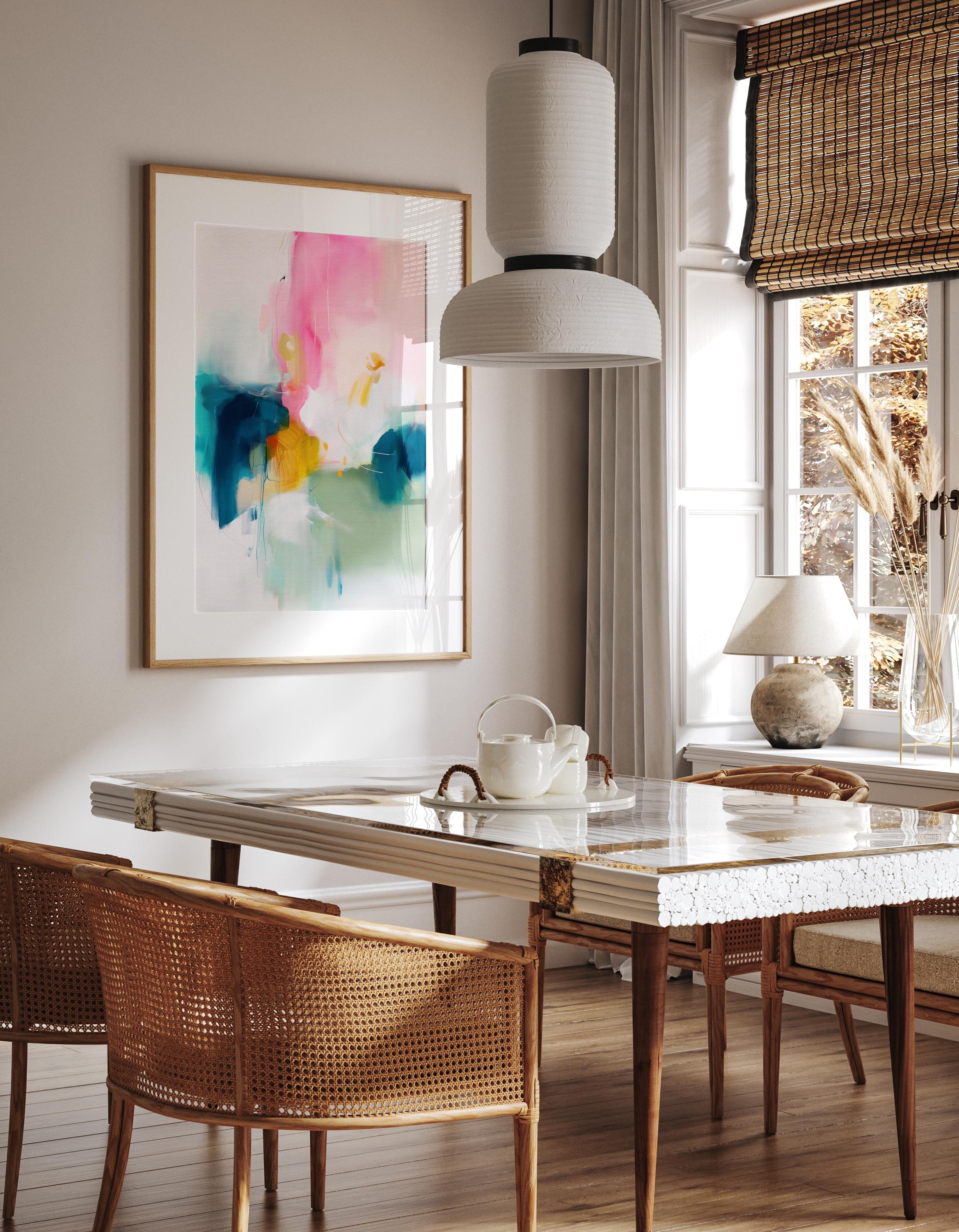 Vertical giclée art print in a bold, colorful palette of blush pink, teal, ochre, and sage. A striking abstract design perfect for color-forward bedrooms, creative studios, or statement walls. Available as a fine art poster or canvas wall art for curated, color-forward decor.