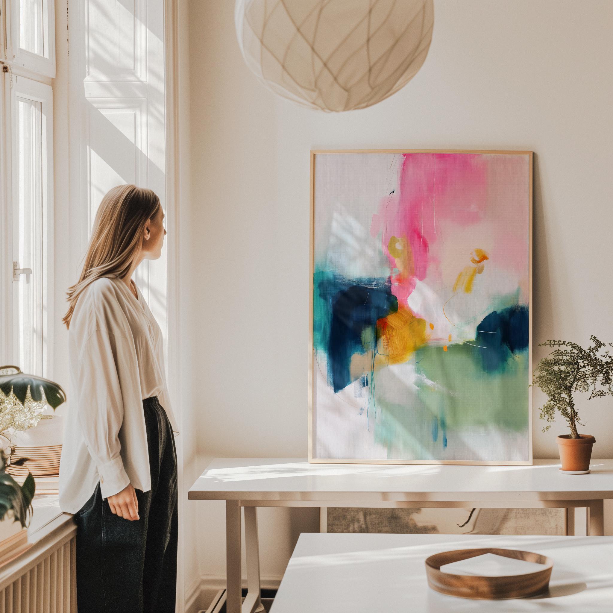 Vertical giclée art print in a bold, colorful palette of blush pink, teal, ochre, and sage. A striking abstract design perfect for color-forward bedrooms, creative studios, or statement walls. Available as a fine art poster or canvas wall art for curated, color-forward decor.