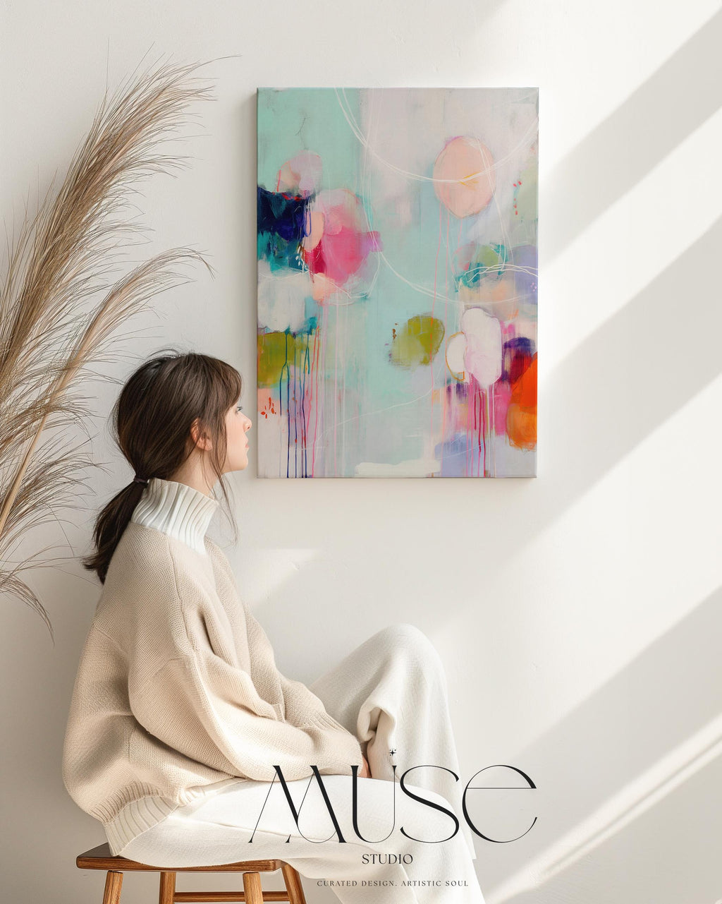Vertical abstract giclée canvas in aqua, fuchsia, peach, and navy with circular and linear motion. Colorful and bold, perfect for eclectic living rooms, office decor, or vibrant entryways. Available as a fine art poster or canvas wall art for curated, color-forward decor.